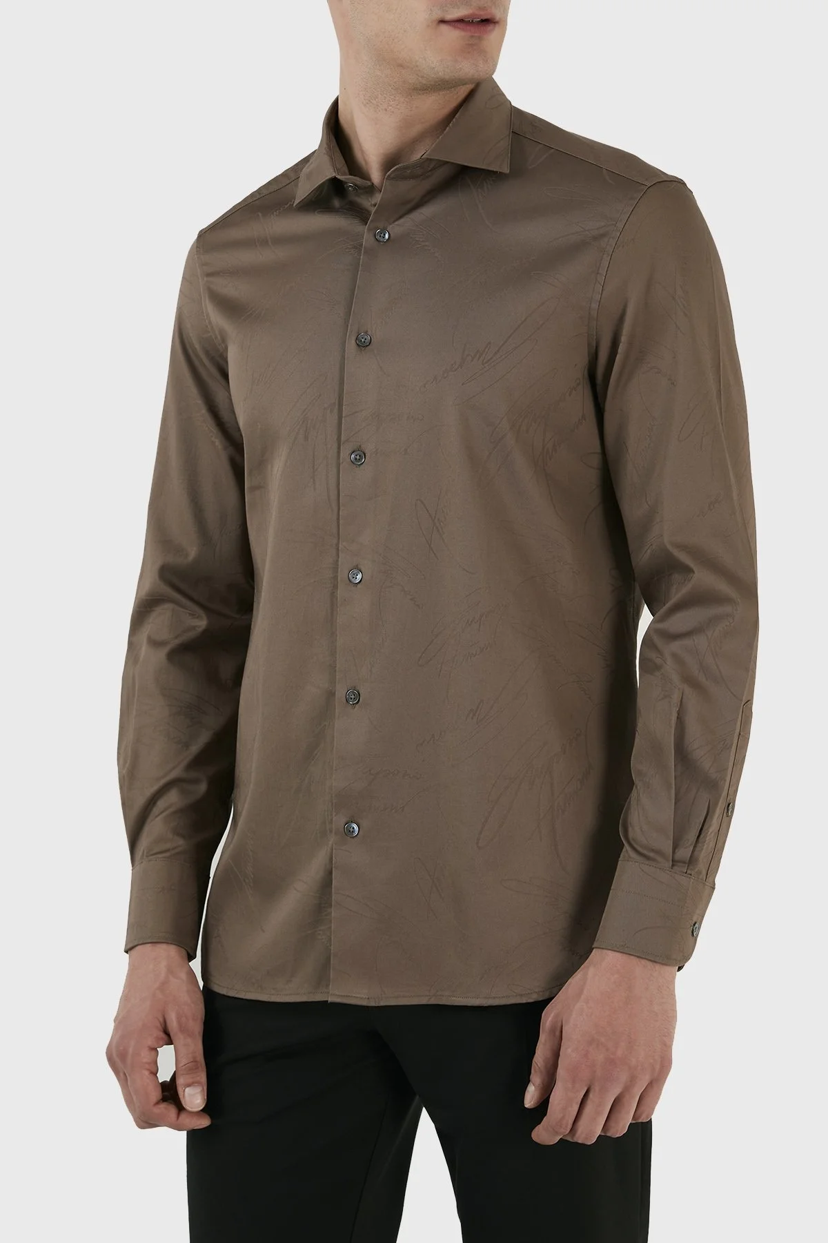 Emporio Armani İmza Logolu % 100 Pamuk Jakarlı Slim Fit Erkek Gömlek 3R1C86 1NVYZ 0440 TOPRAK - 3