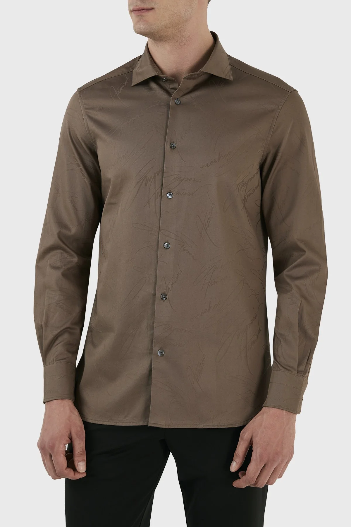 Emporio Armani İmza Logolu % 100 Pamuk Jakarlı Slim Fit Erkek Gömlek 3R1C86 1NVYZ 0440 TOPRAK - 1