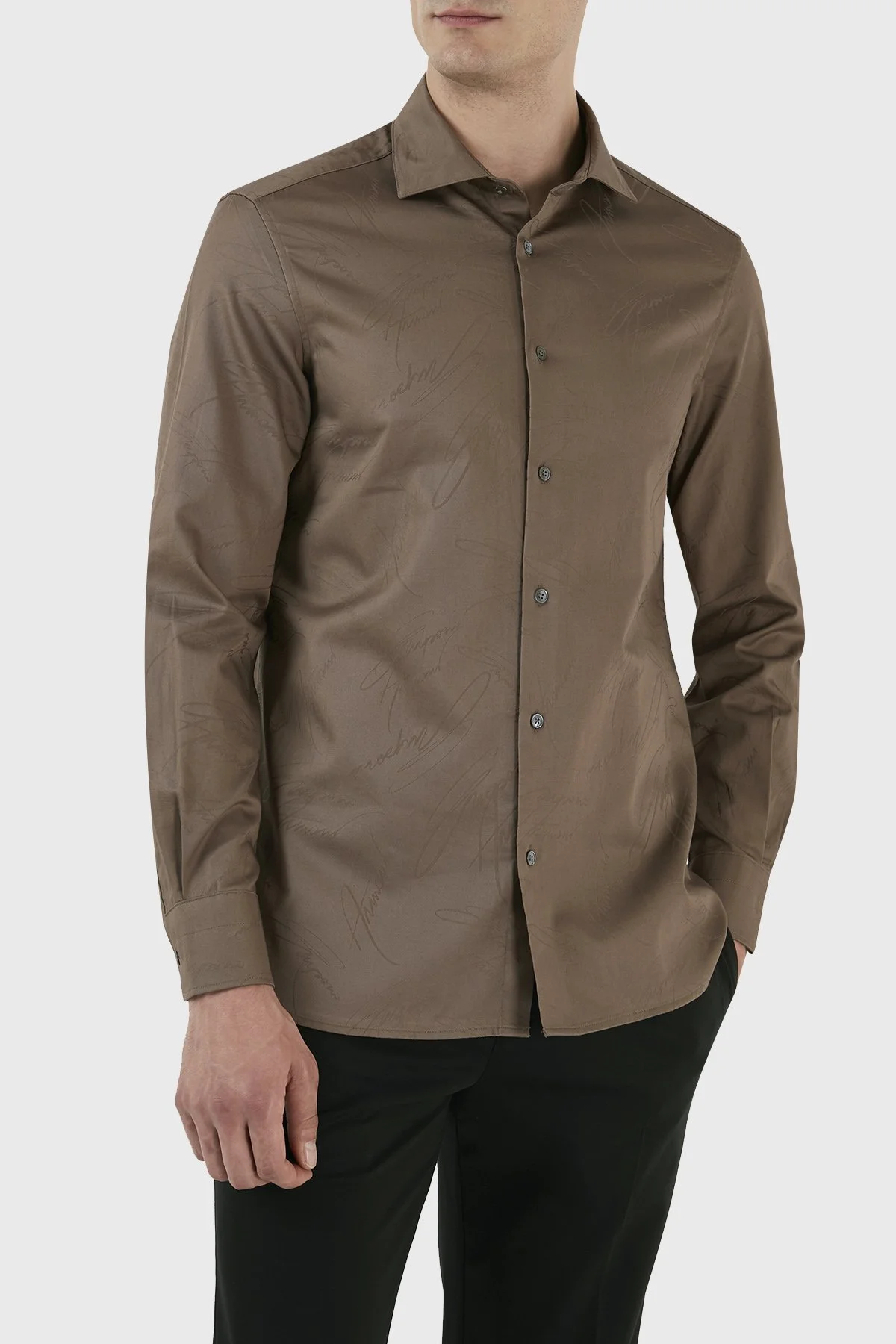 Emporio Armani İmza Logolu % 100 Pamuk Jakarlı Slim Fit Erkek Gömlek 3R1C86 1NVYZ 0440 TOPRAK - 2