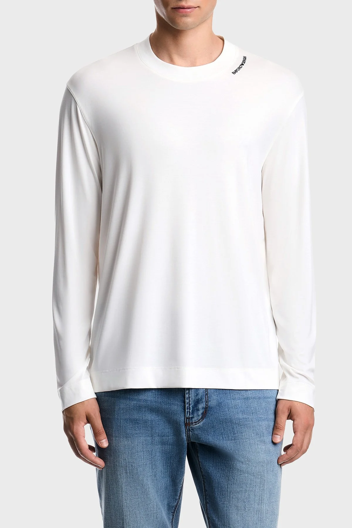 Emporio Armani İpek Karışımlı Bisiklet Yaka Uzun Kollu Erkek T Shirt EM006771 AF13721 U0003 Beyaz - 1