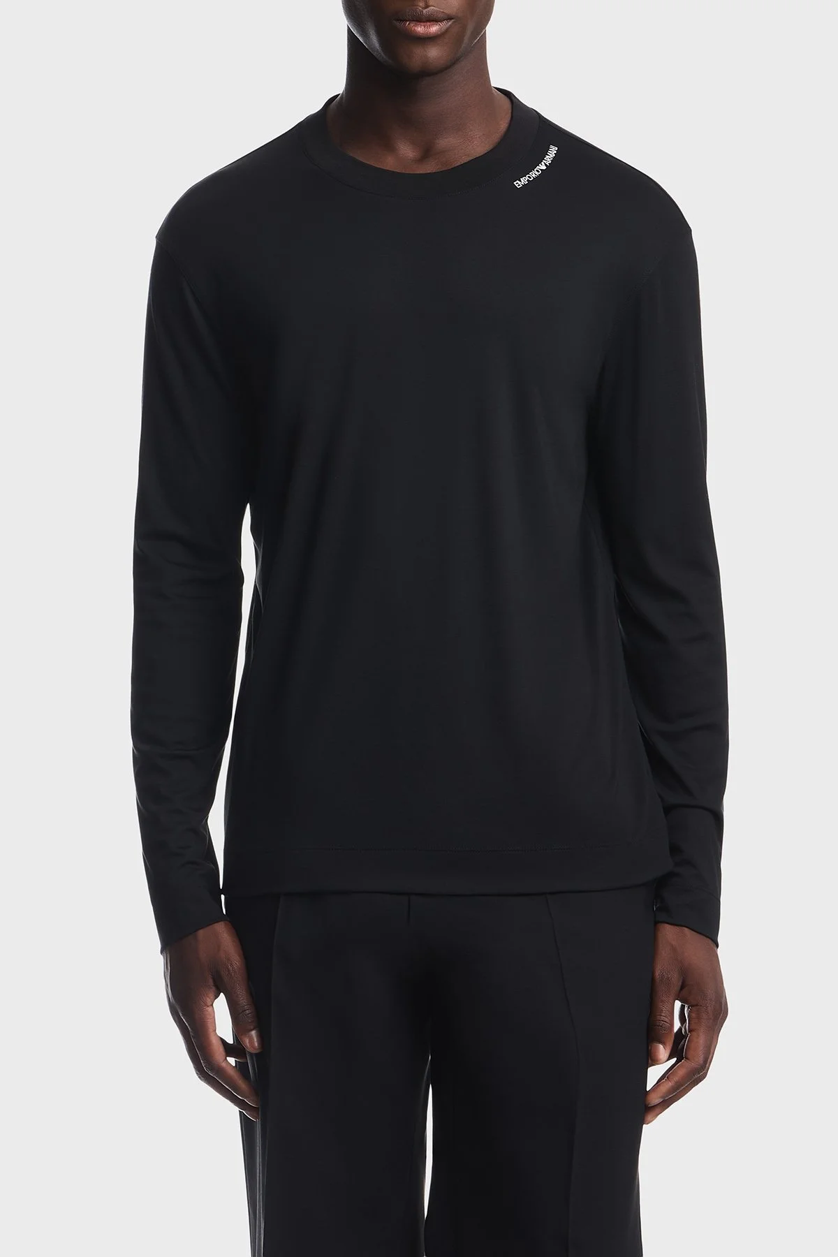 Emporio Armani İpek Karışımlı Bisiklet Yaka Uzun Kollu Erkek T Shirt EM006771 AF13721 UC001 Siyah - 1