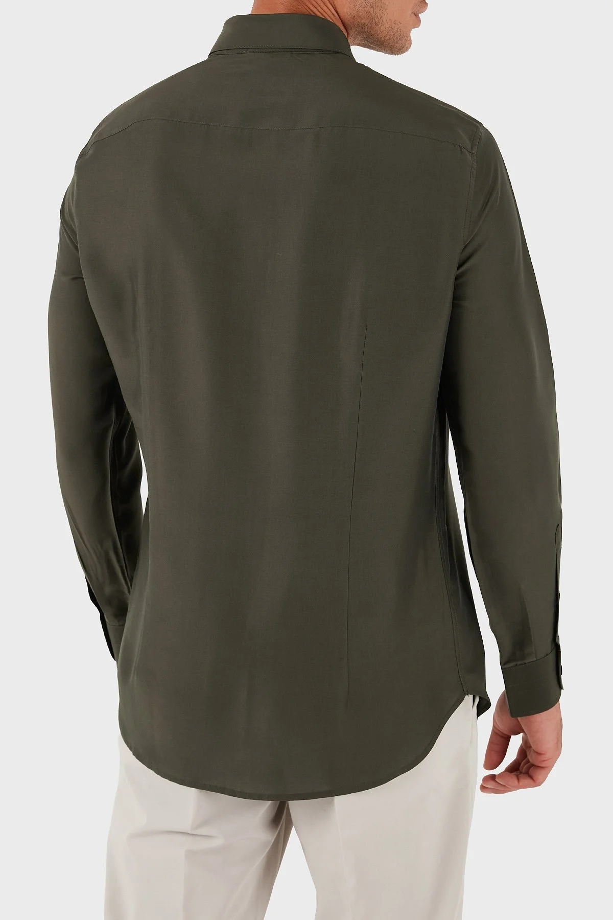 Emporio Armani İpek Karışımlı Regular Fit Klasik Yaka Erkek Gömlek EM001537 AF17293 U8120 HAKİ - 2