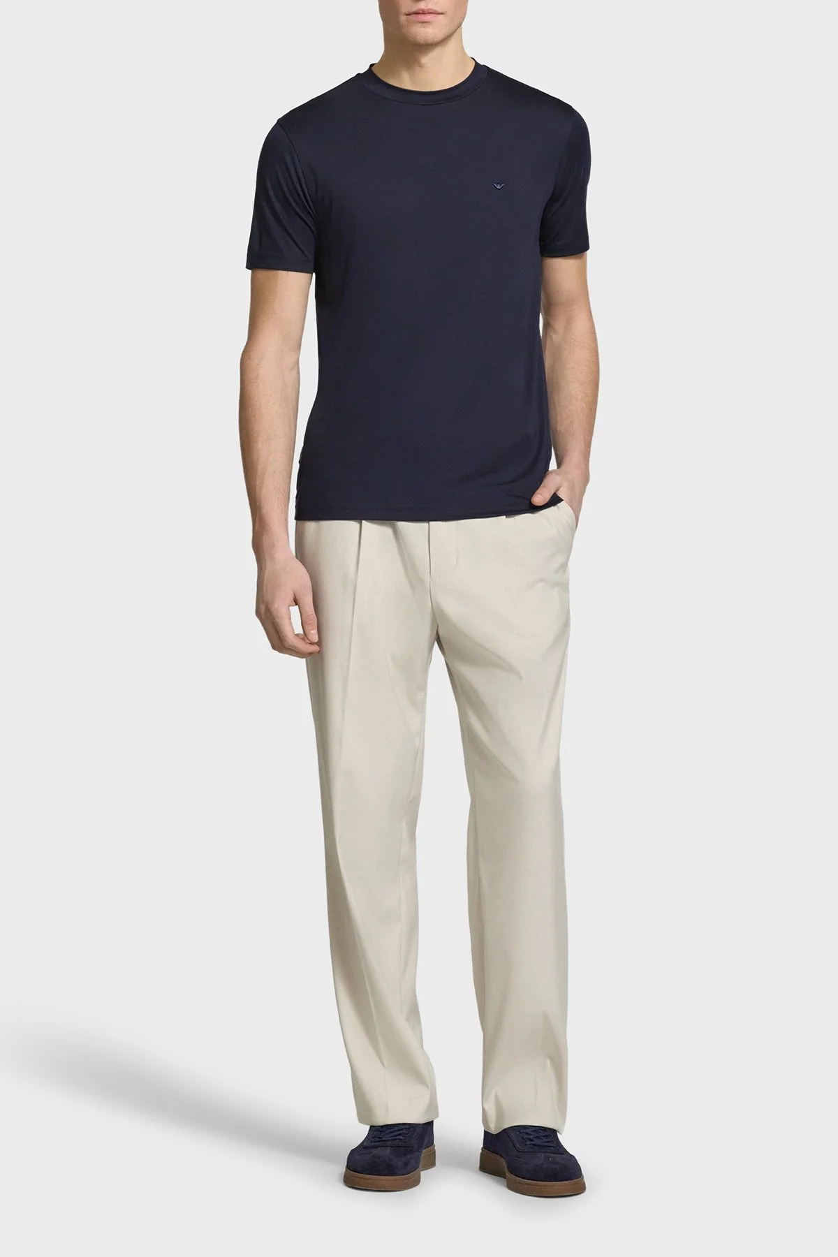 Emporio Armani İpek Karışımlı Regular Fit Logolu Bisiklet Yaka Erkek T Shirt EM004586 AF13721 UB118 LACİVERT - 2