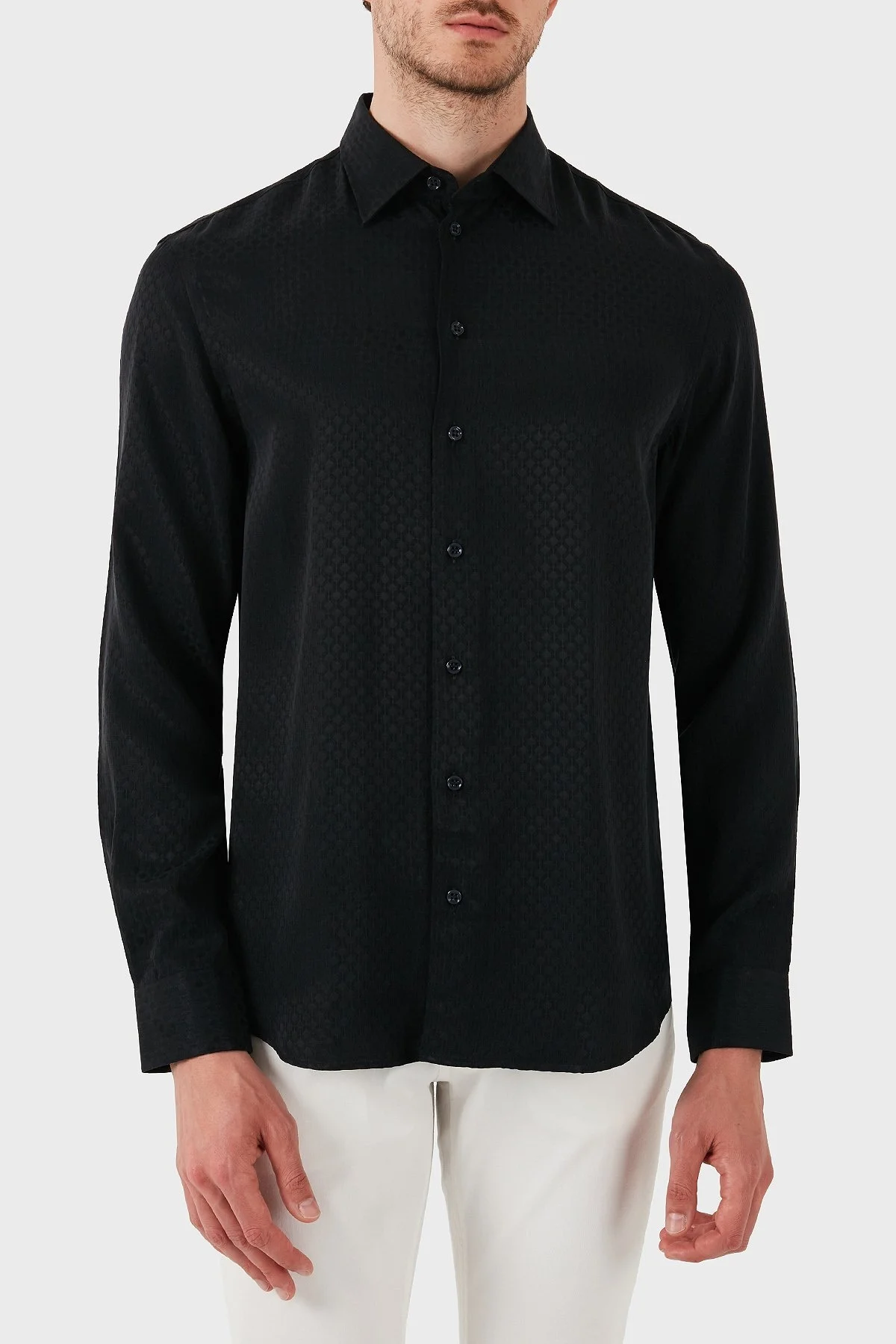 Emporio Armani İpek ve Pamuk Karışımlı Regular Fit Kendinden Desenli Erkek Gömlek EM000081 AF15434 U8136 SİYAH - 6