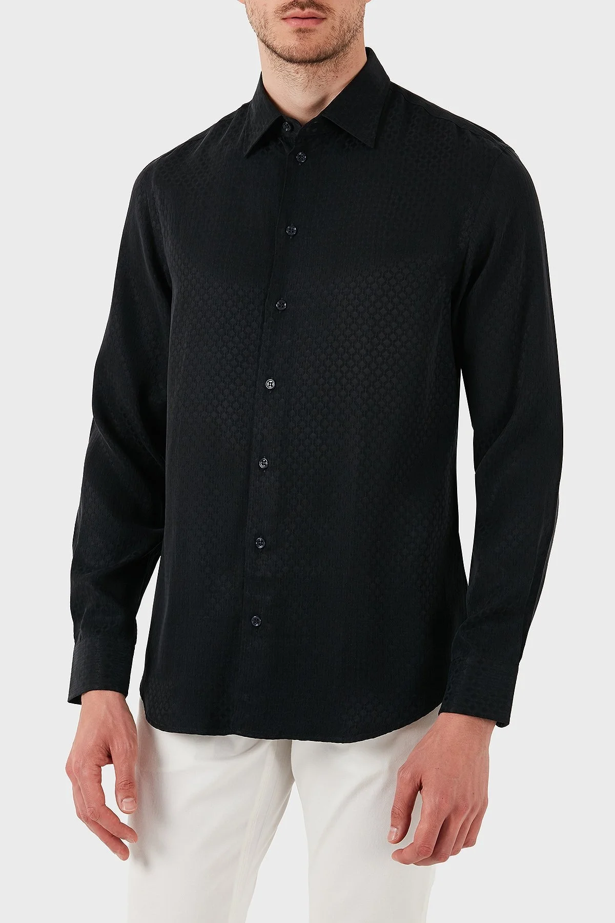 Emporio Armani İpek ve Pamuk Karışımlı Regular Fit Kendinden Desenli Erkek Gömlek EM000081 AF15434 U8136 SİYAH - 7