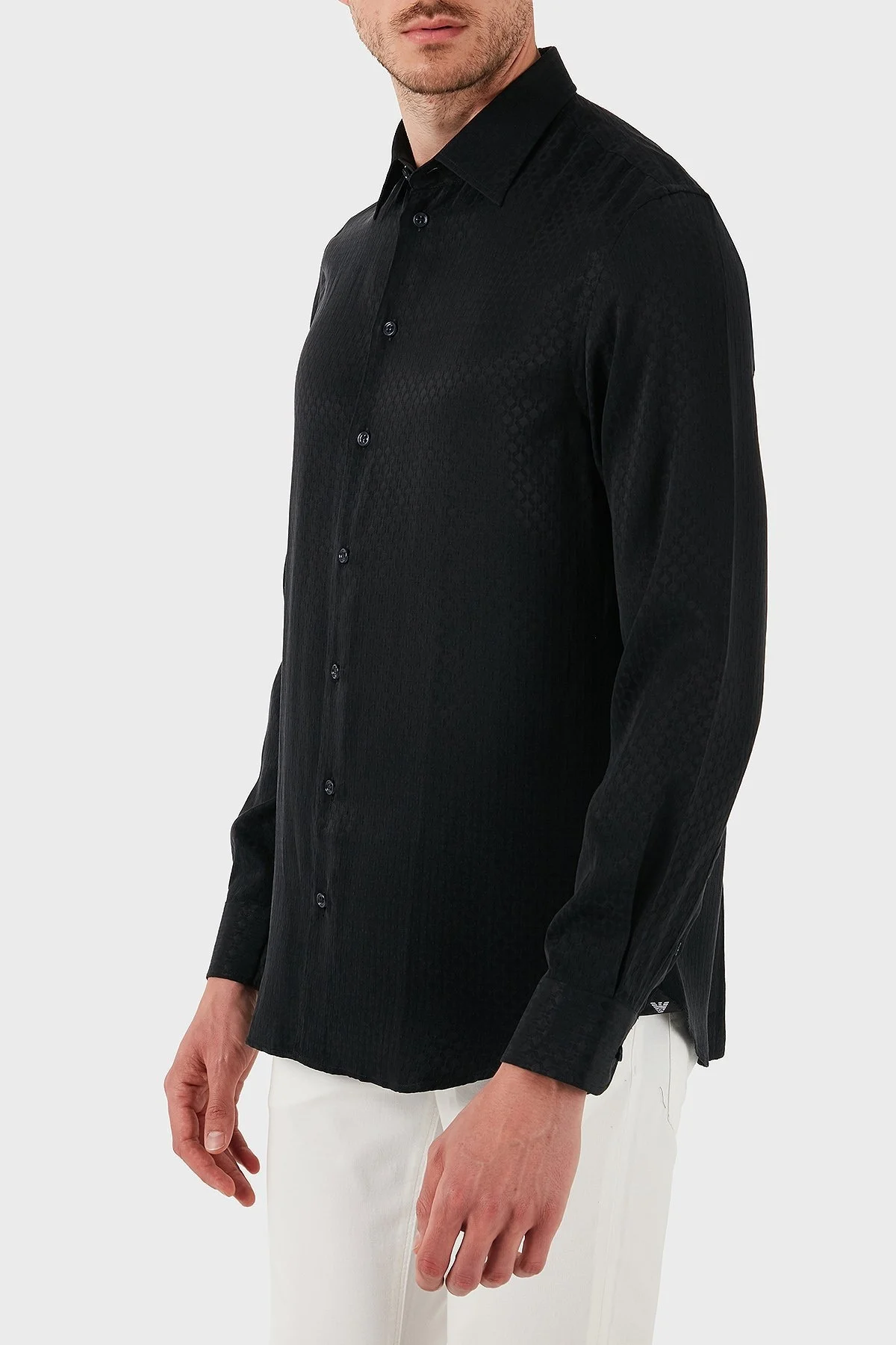 Emporio Armani İpek ve Pamuk Karışımlı Regular Fit Kendinden Desenli Erkek Gömlek EM000081 AF15434 U8136 SİYAH - 9