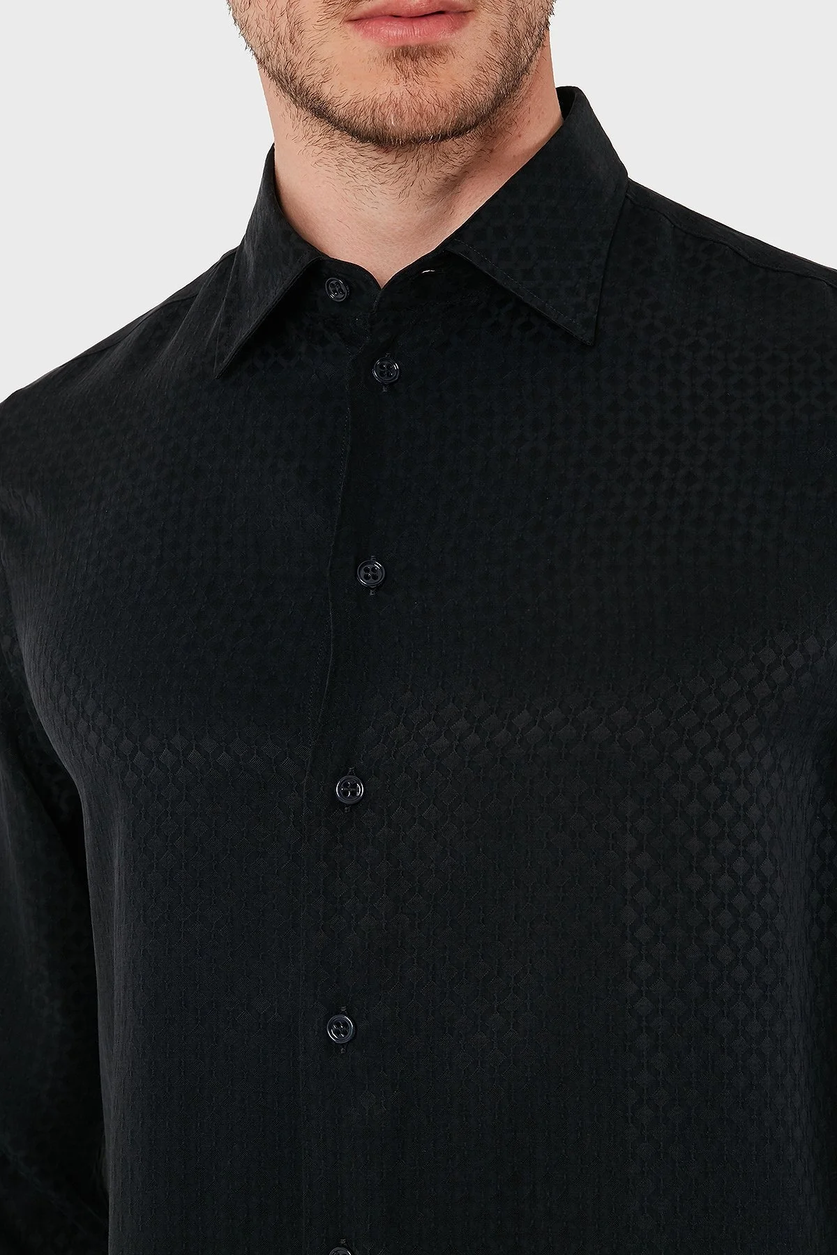 Emporio Armani İpek ve Pamuk Karışımlı Regular Fit Kendinden Desenli Erkek Gömlek EM000081 AF15434 U8136 SİYAH - 10