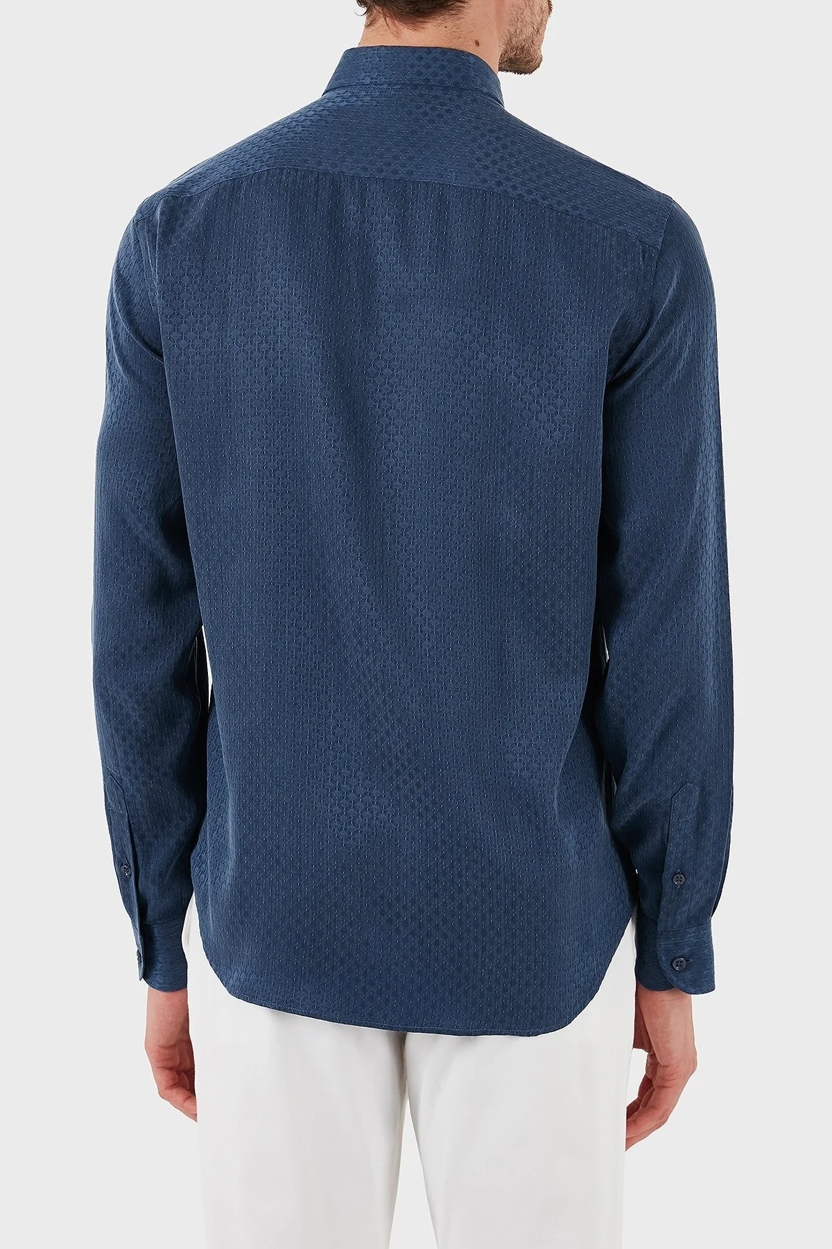Emporio Armani İpek ve Pamuk Karışımlı Regular Fit Kendinden Desenli Erkek Gömlek EM000081 AF15434 UB068 LACİVERT - 10