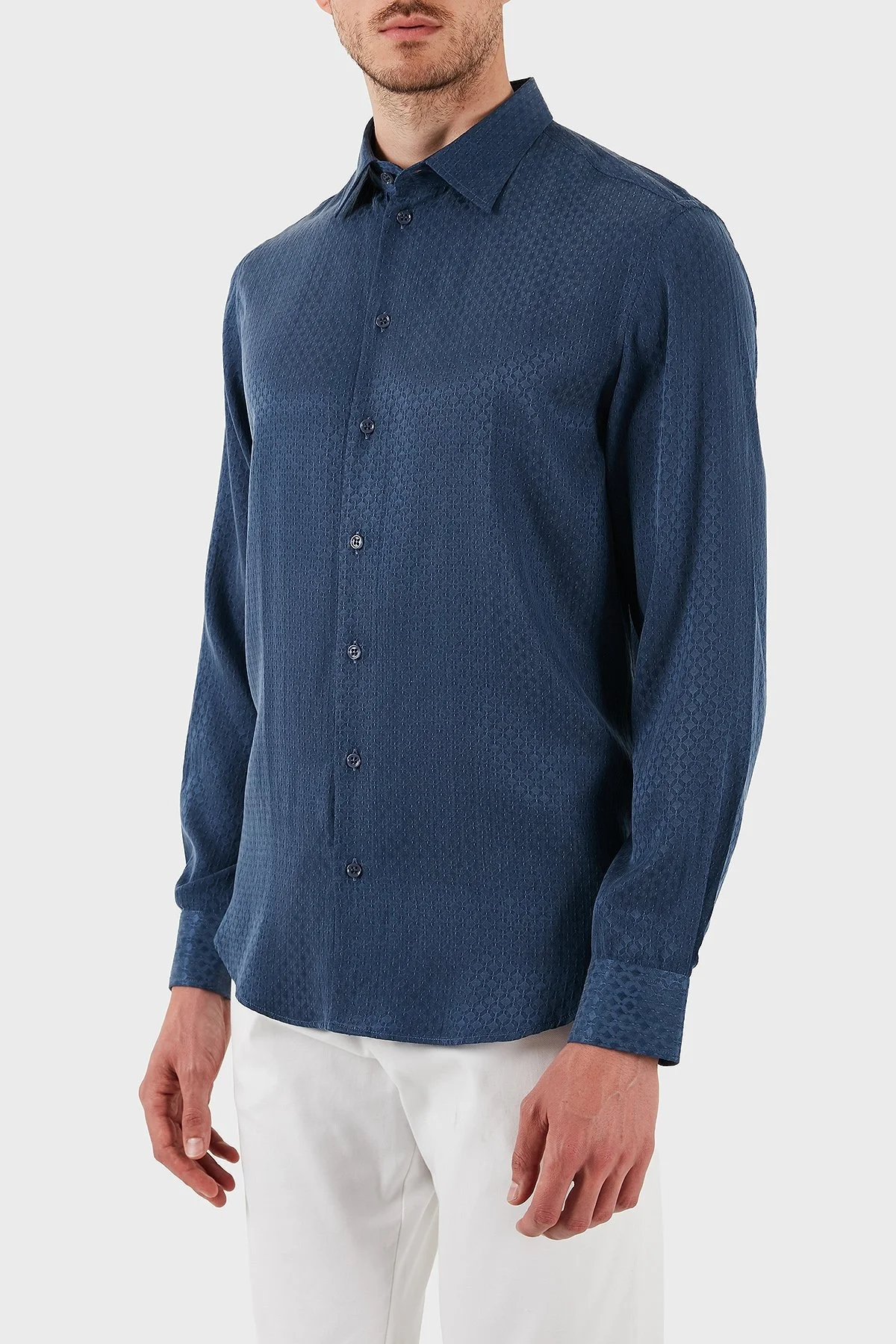 Emporio Armani İpek ve Pamuk Karışımlı Regular Fit Kendinden Desenli Erkek Gömlek EM000081 AF15434 UB068 LACİVERT - 11