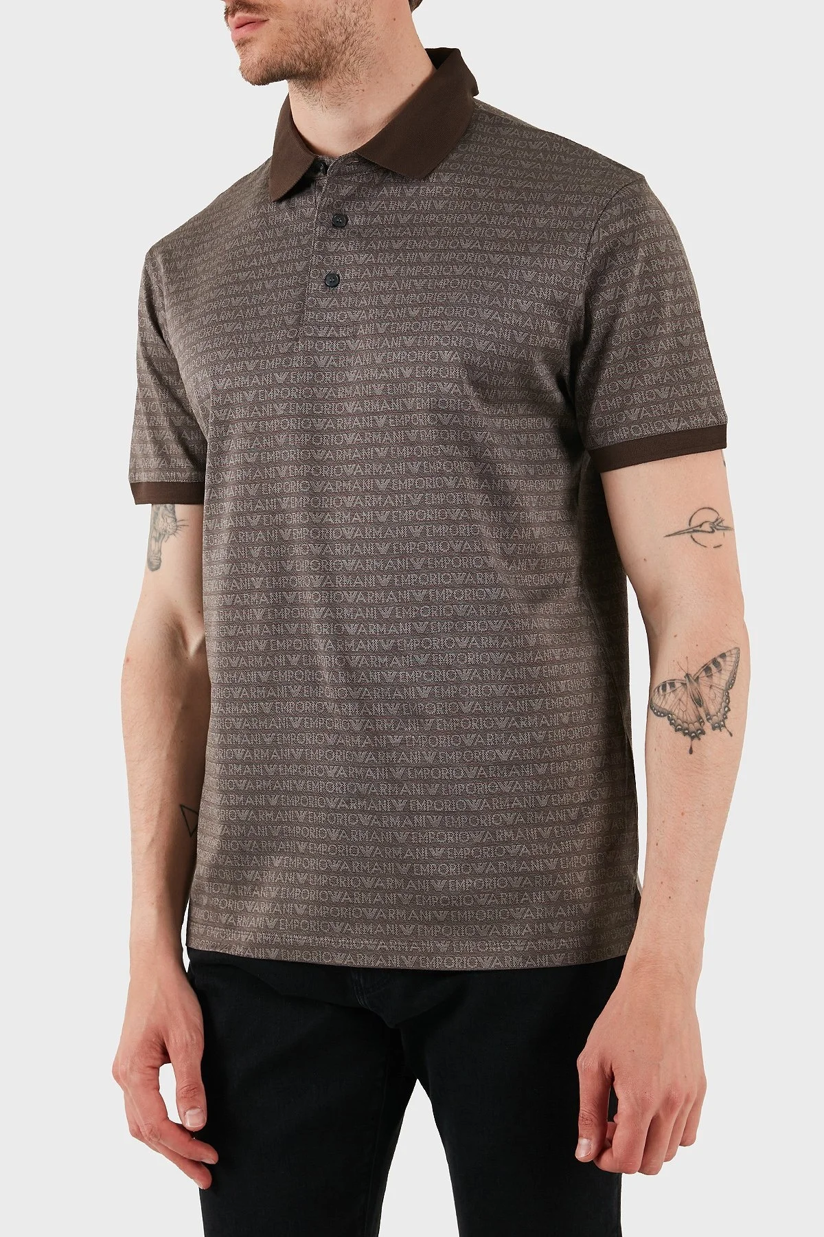 Emporio Armani Jakarlı % 100 Pamuk Düğmeli Erkek Polo Yaka T Shirt EM000788 AF12916 F6052 KAHVE - 1