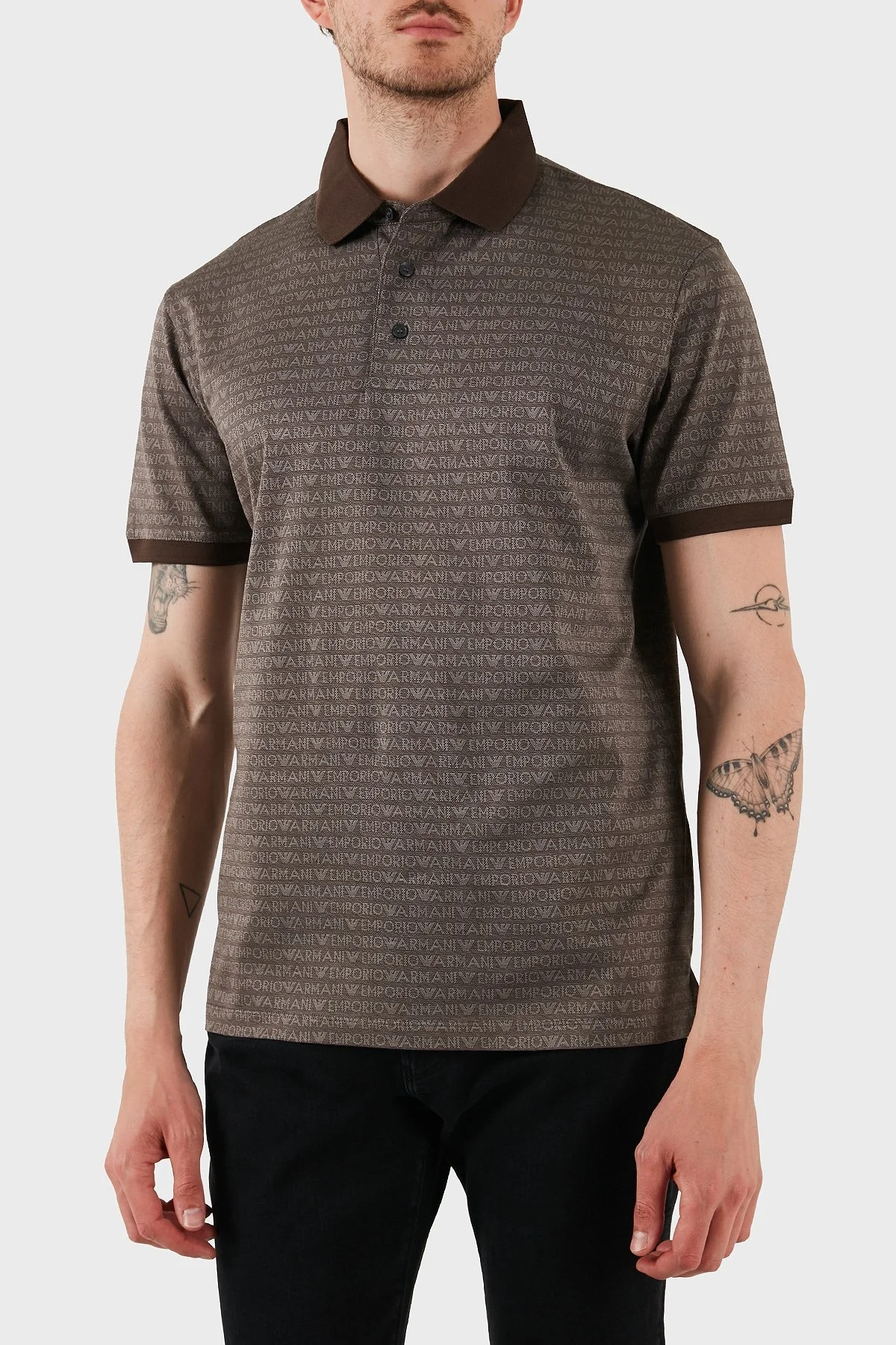 Emporio Armani Jakarlı % 100 Pamuk Düğmeli Erkek Polo Yaka T Shirt EM000788 AF12916 F6052 KAHVE - 3