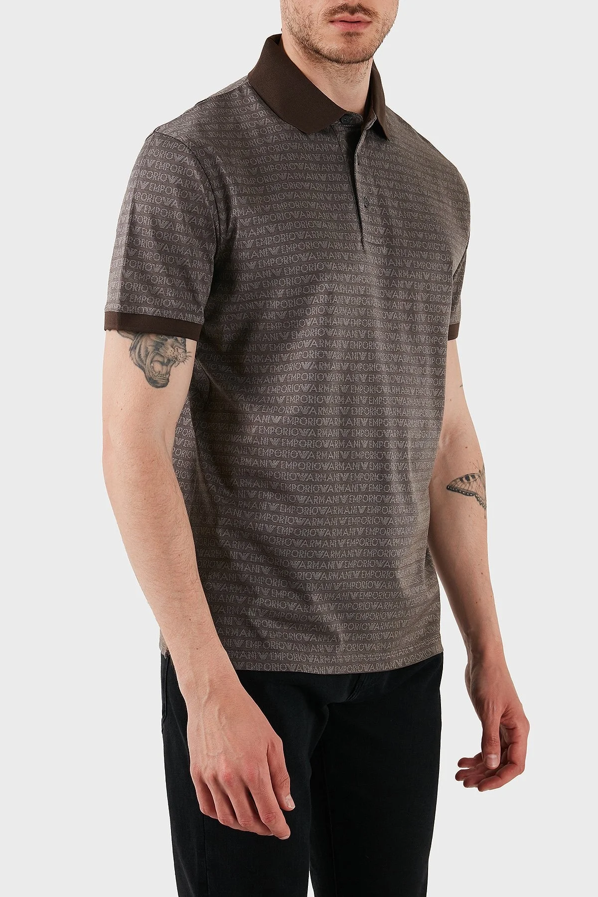 Emporio Armani Jakarlı % 100 Pamuk Düğmeli Erkek Polo Yaka T Shirt EM000788 AF12916 F6052 KAHVE - 4
