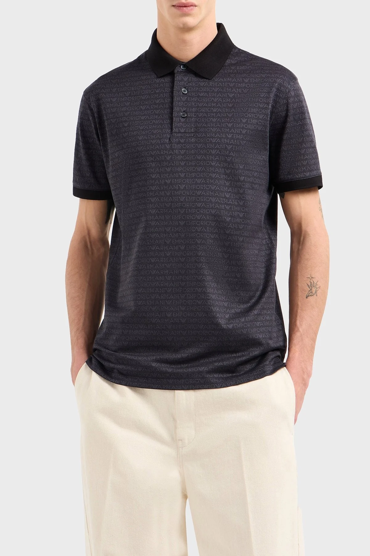 Emporio Armani Jakarlı % 100 Pamuk Düğmeli Erkek Polo Yaka T Shirt EM000788 AF12916 FC176 SİYAH - 1