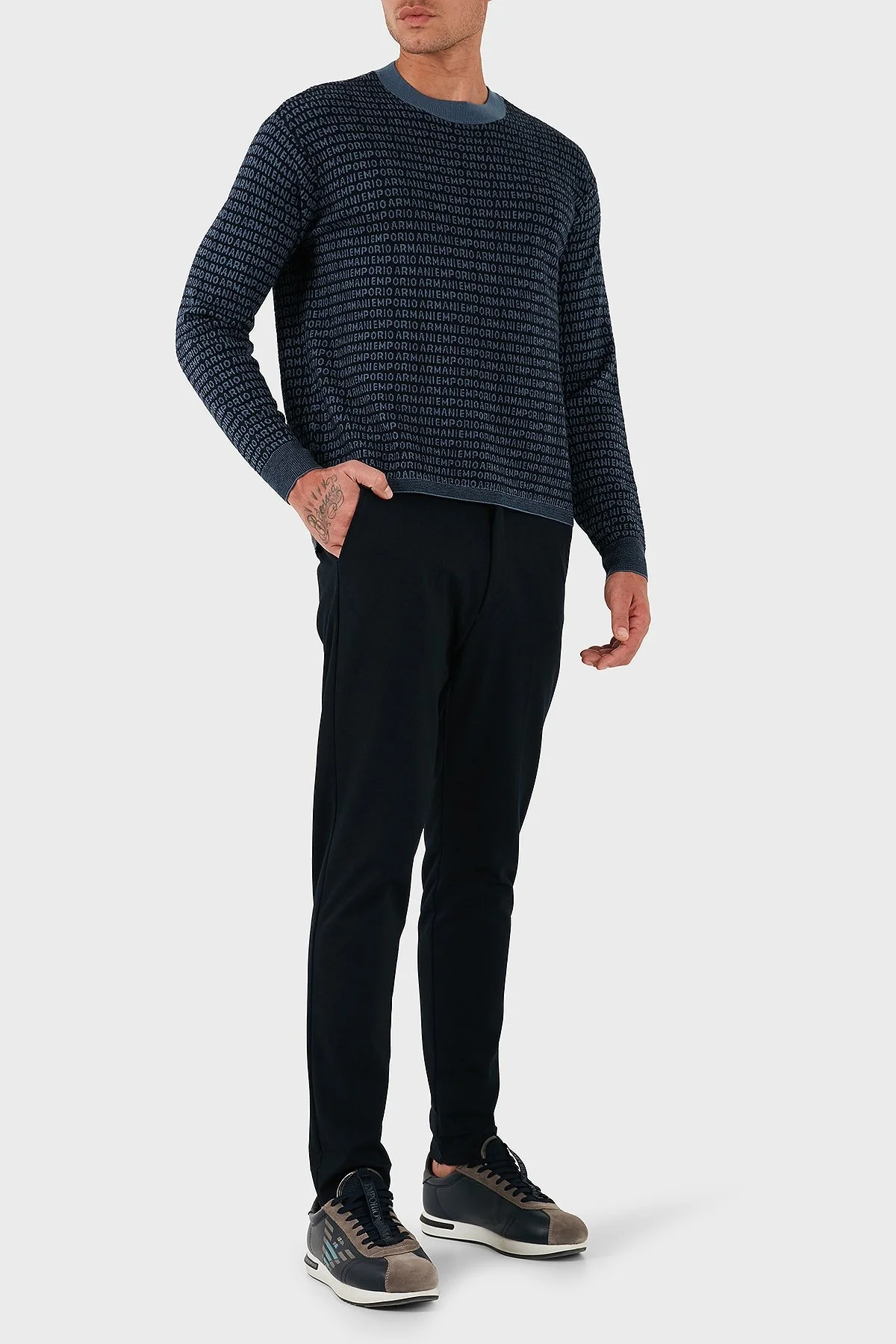 Emporio Armani Jakarlı Logo Baskılı % 100 Yün Bisiklet Yaka Erkek Kazak EM002630 AF14199 FB077 LACİVERT - 2