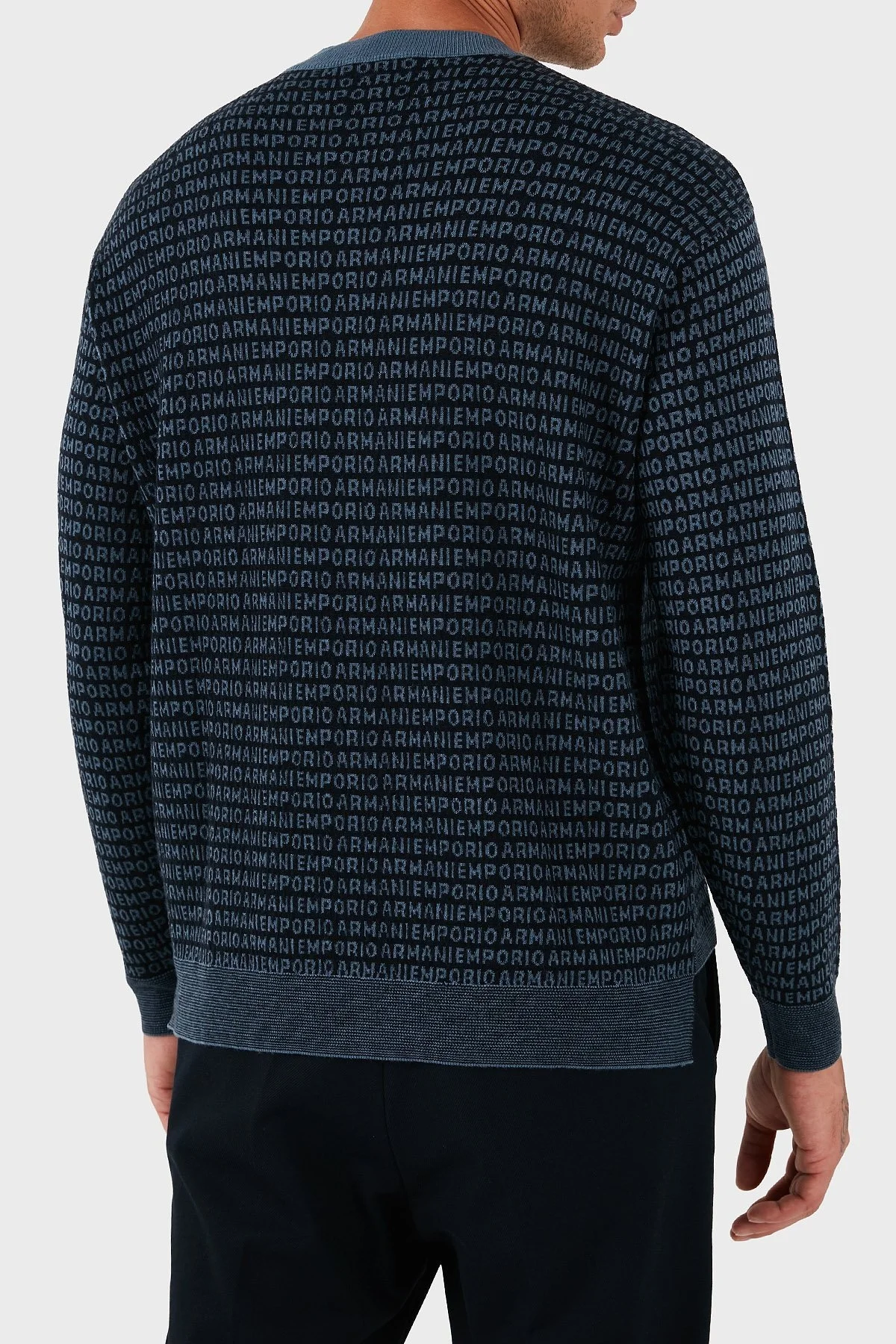 Emporio Armani Jakarlı Logo Baskılı % 100 Yün Bisiklet Yaka Erkek Kazak EM002630 AF14199 FB077 LACİVERT - 3