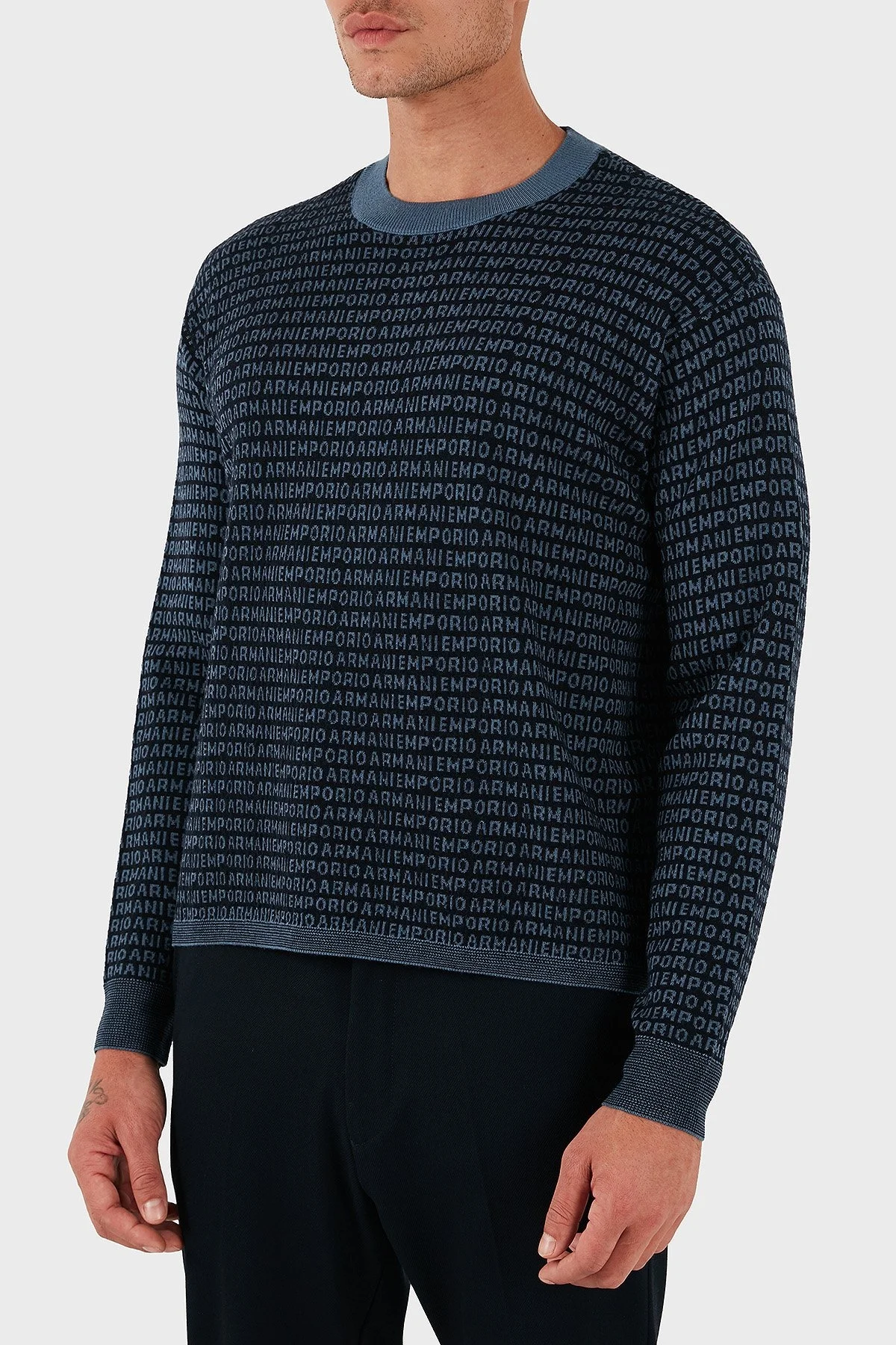 Emporio Armani Jakarlı Logo Baskılı % 100 Yün Bisiklet Yaka Erkek Kazak EM002630 AF14199 FB077 LACİVERT - 4