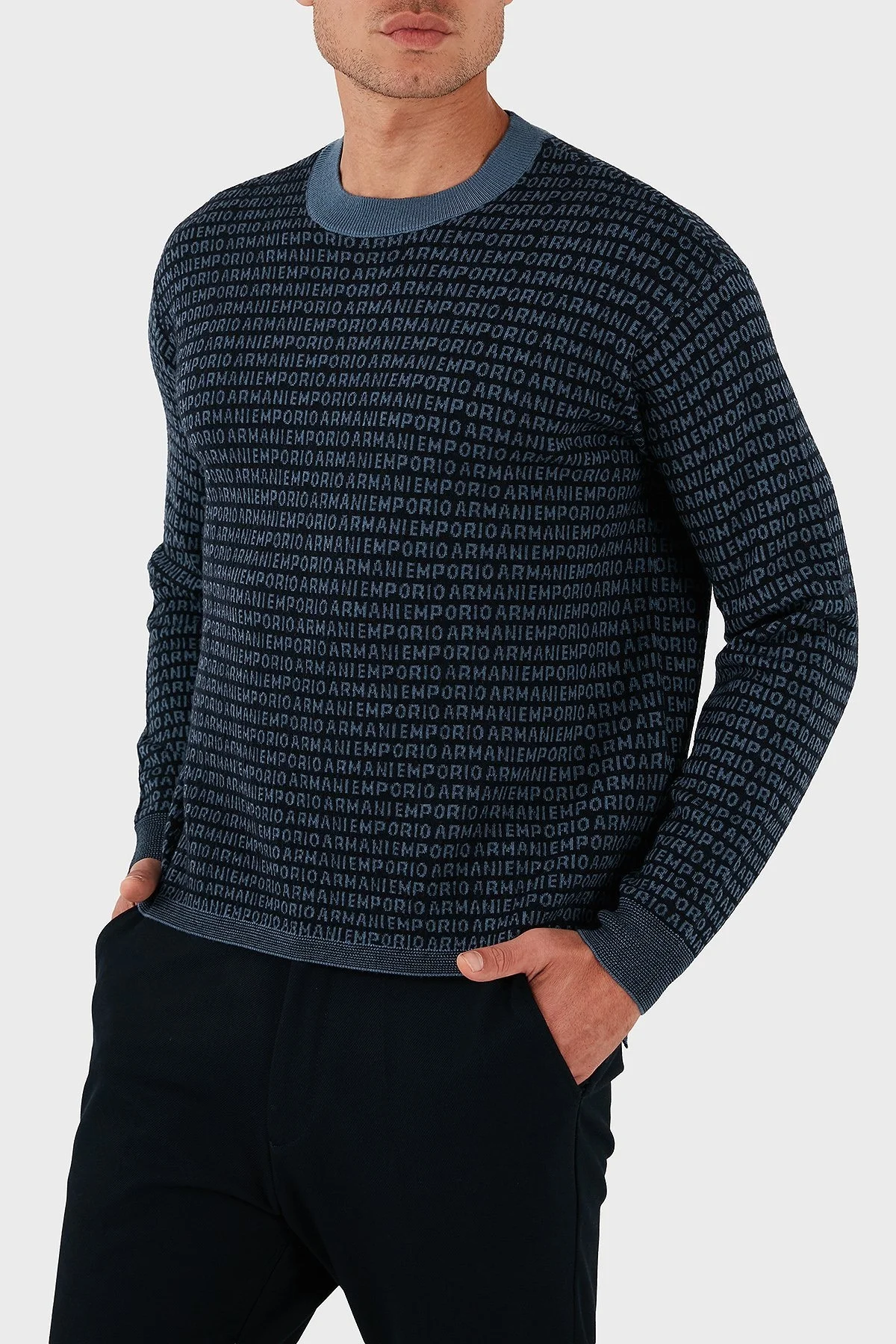 Emporio Armani Jakarlı Logo Baskılı % 100 Yün Bisiklet Yaka Erkek Kazak EM002630 AF14199 FB077 LACİVERT - 5