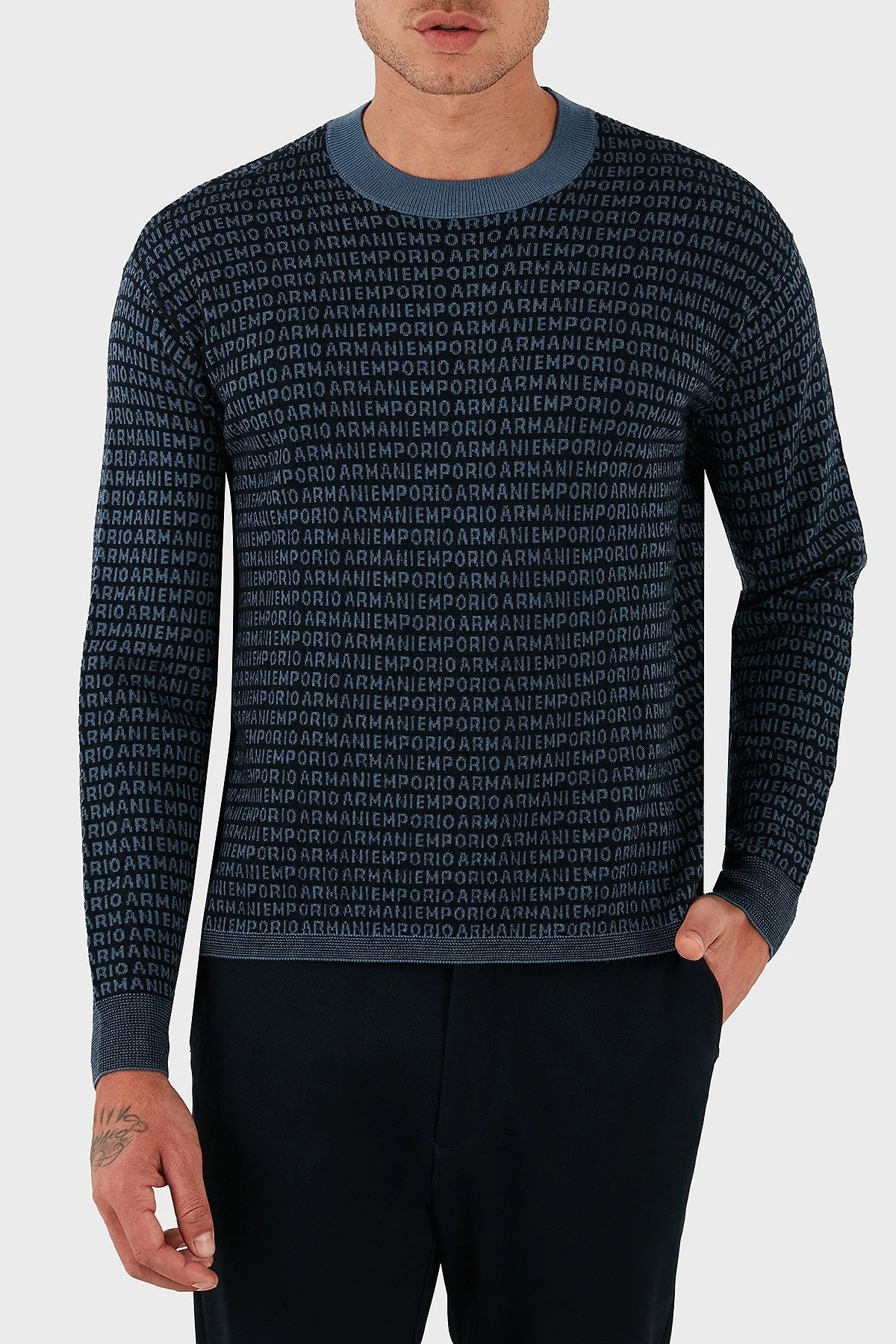 Emporio Armani Jakarlı Logo Baskılı % 100 Yün Bisiklet Yaka Erkek Kazak EM002630 AF14199 FB077 LACİVERT - 6