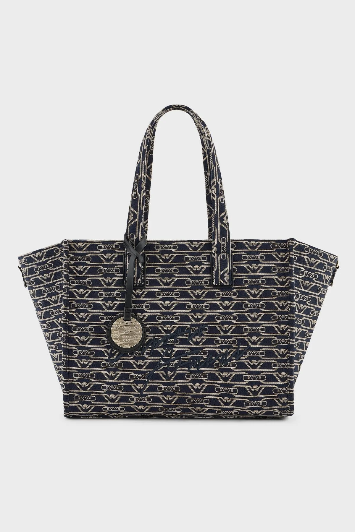 Emporio Armani Jakarlı Logo Baskılı Çıkarılabilir Askılı Medium Bayan Çanta EW000370 AF12993 FB237 EKRU-LACİVERT - 1