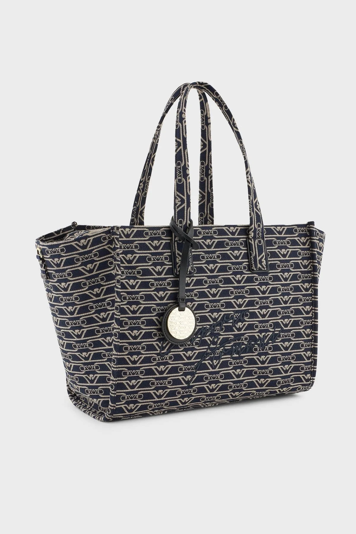 Emporio Armani Jakarlı Logo Baskılı Çıkarılabilir Askılı Medium Bayan Çanta EW000370 AF12993 FB237 EKRU-LACİVERT - 3