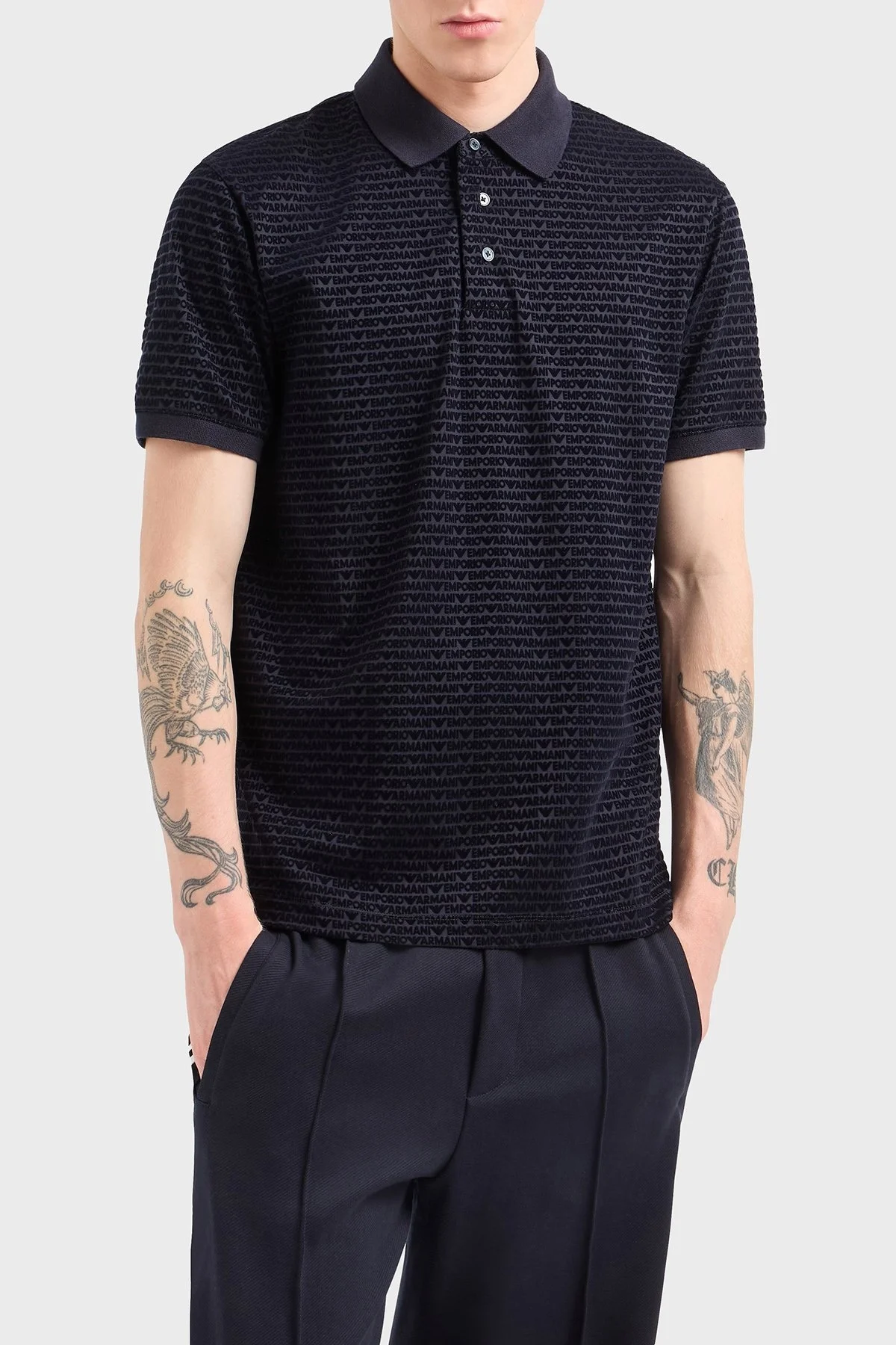 Emporio Armani Jakarlı Pamuklu Regular Fit Düğmeli Erkek Polo Yaka T Shirt EM001283 AF10017 FB229 LACİVERT - 1