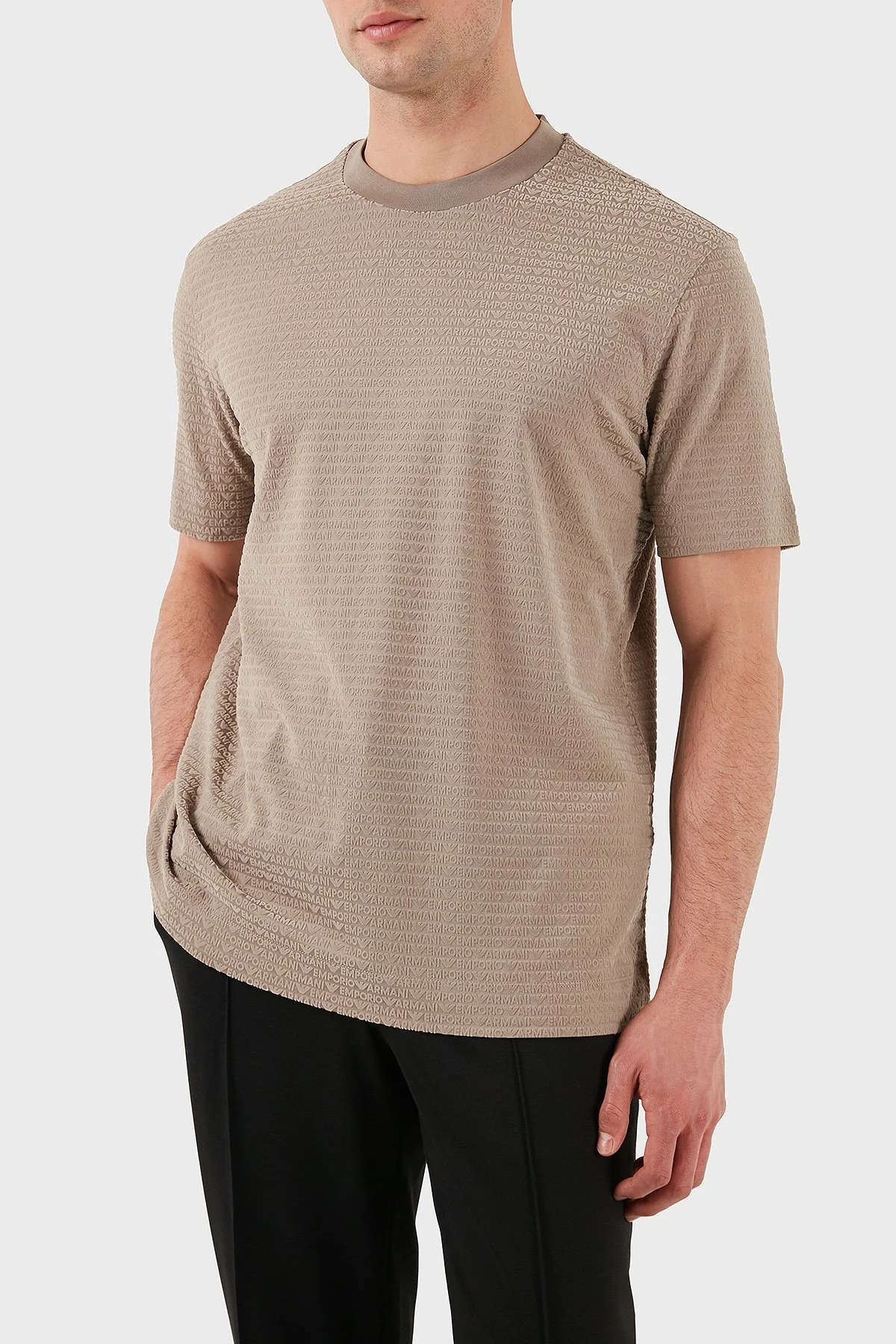 Emporio Armani Jakarlı Regular Fit Pamuklu Bisiklet Yaka Erkek T Shirt EM001288 AF10017 F6063 BEJ - 4