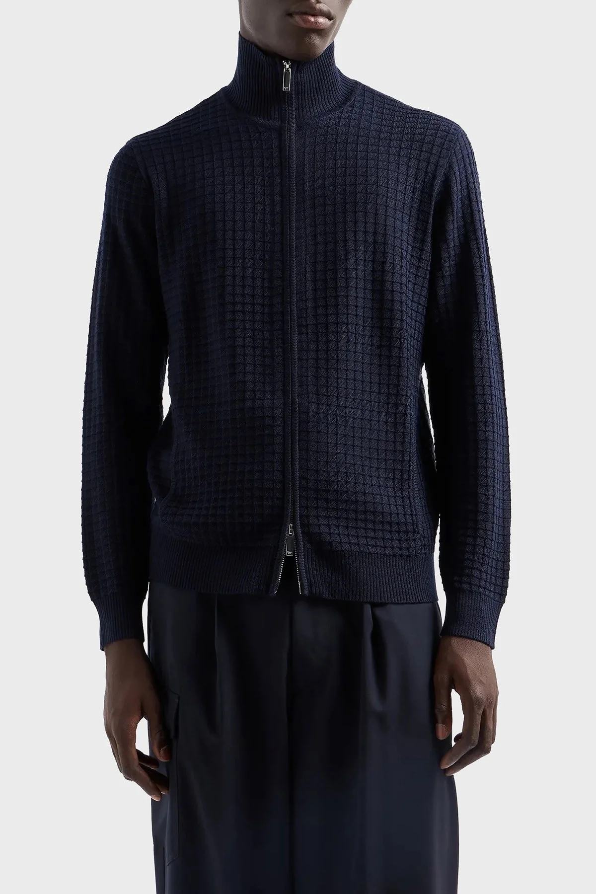 Emporio Armani Kabartmalı Yün Karışımlı Regular Fit Dik Yaka Örme Erkek Hırka 6D1BY3 1MF4Z 0929 LACİVERT - 1