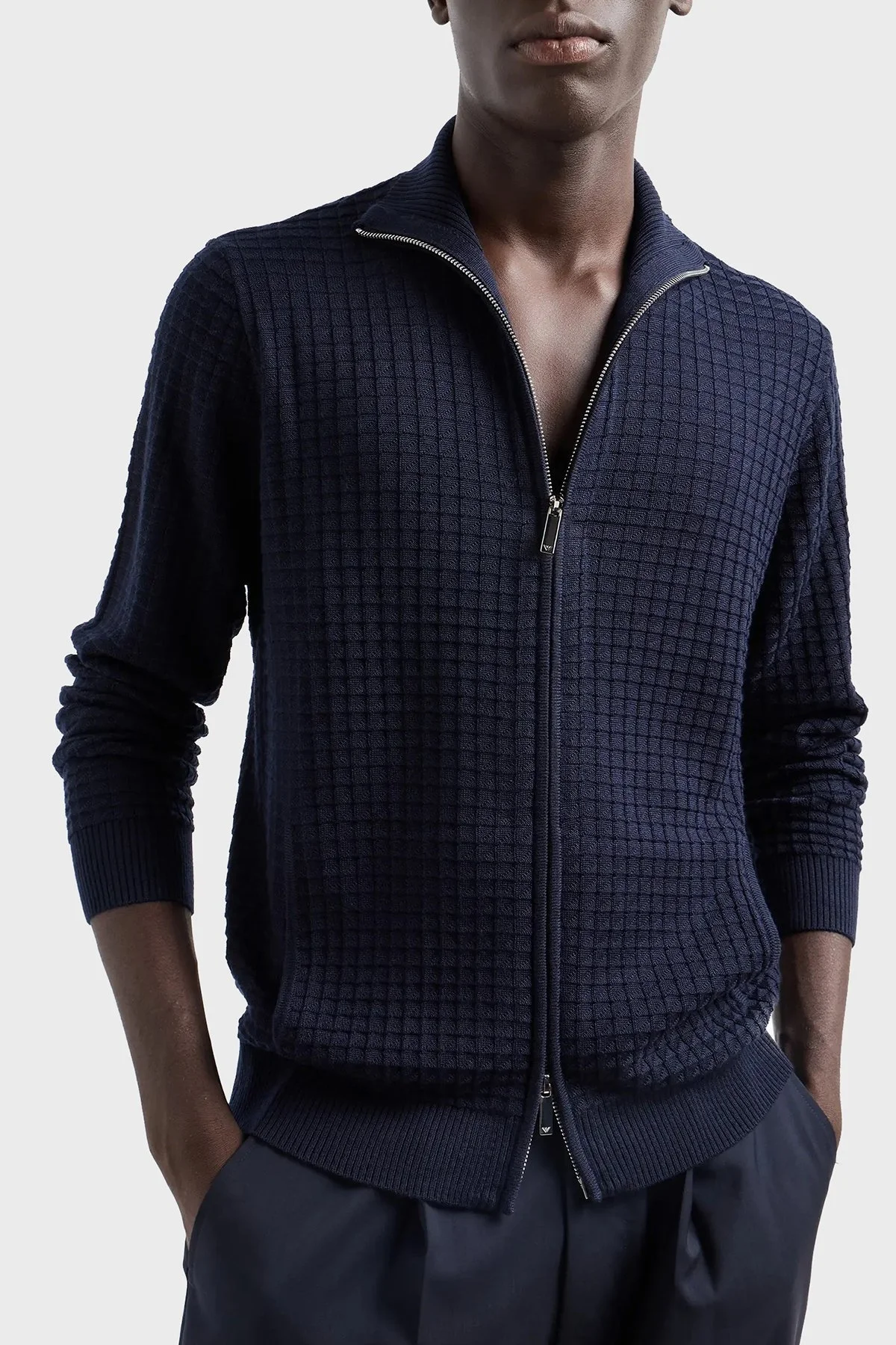 Emporio Armani Kabartmalı Yün Karışımlı Regular Fit Dik Yaka Örme Erkek Hırka 6D1BY3 1MF4Z 0929 LACİVERT - 4