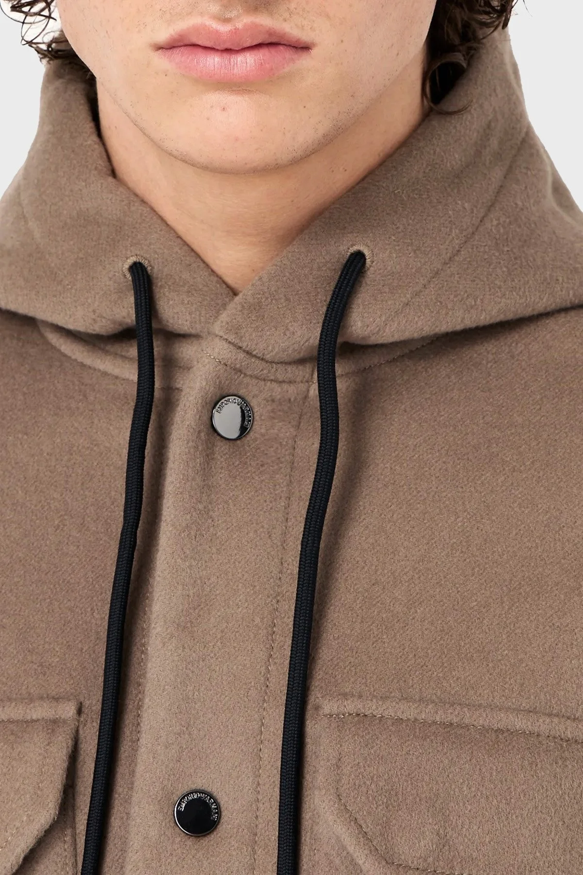 Emporio Armani Kapüşonlu Cepli Yumuşak Dokulu Yünlü Astarsız Erkek Ceket 6R1B94 1NMYZ 0144 BEJ - 4