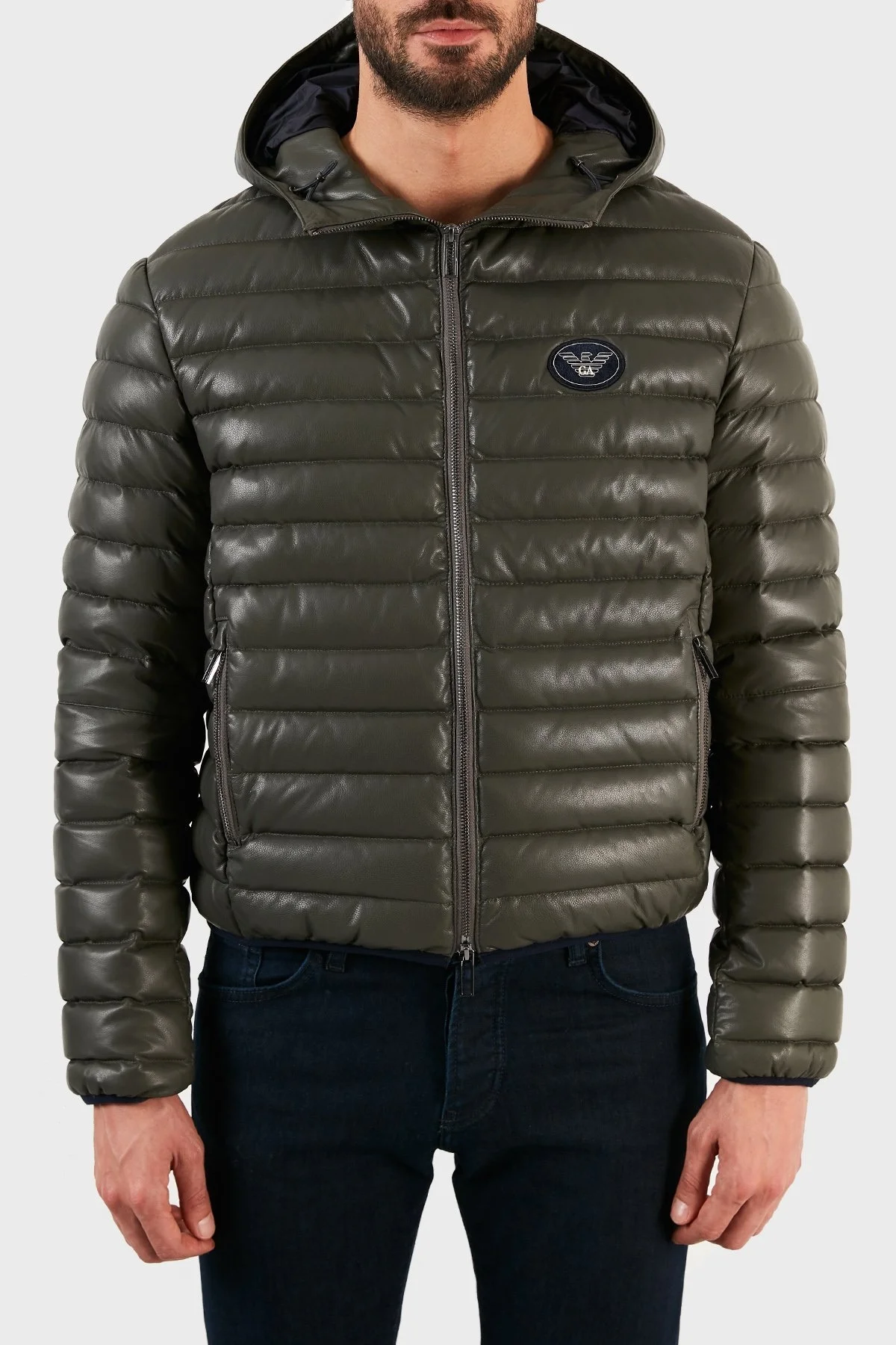 Emporio Armani Ördek Tüyü Dolgulu Kapüşonlu % 100 Kuzu Derisi Erkek Mont B1R03P B1P03 558 HAKİ - 1