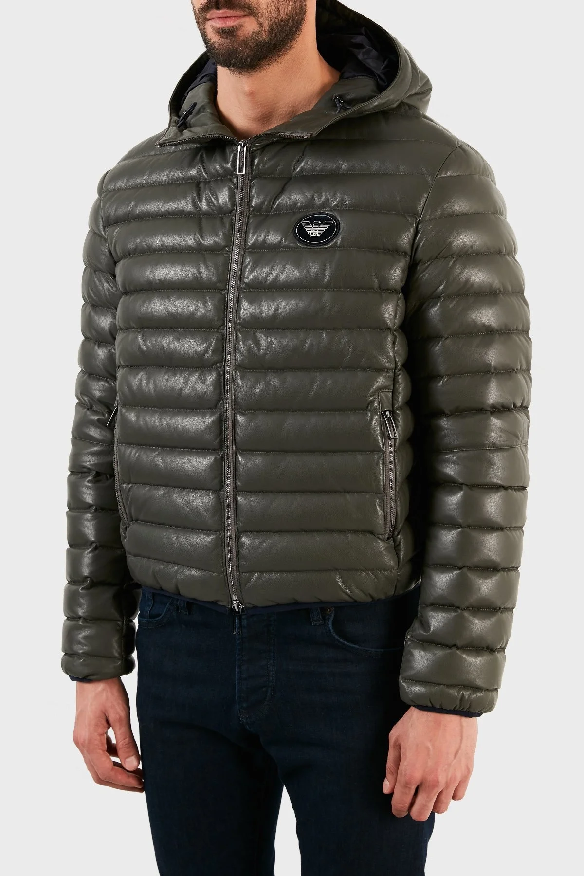 Emporio Armani Ördek Tüyü Dolgulu Kapüşonlu % 100 Kuzu Derisi Erkek Mont B1R03P B1P03 558 HAKİ - 2