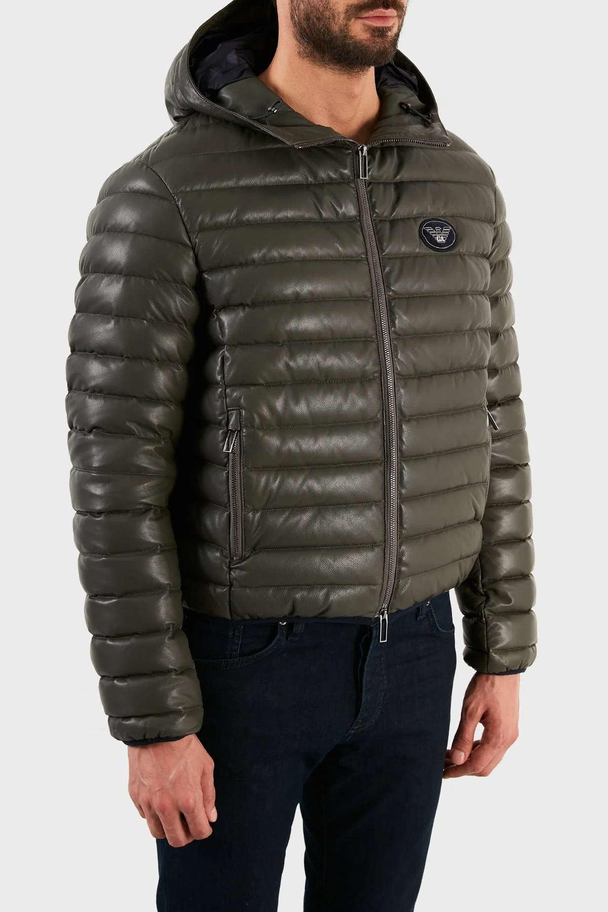 Emporio Armani Ördek Tüyü Dolgulu Kapüşonlu % 100 Kuzu Derisi Erkek Mont B1R03P B1P03 558 HAKİ - 4