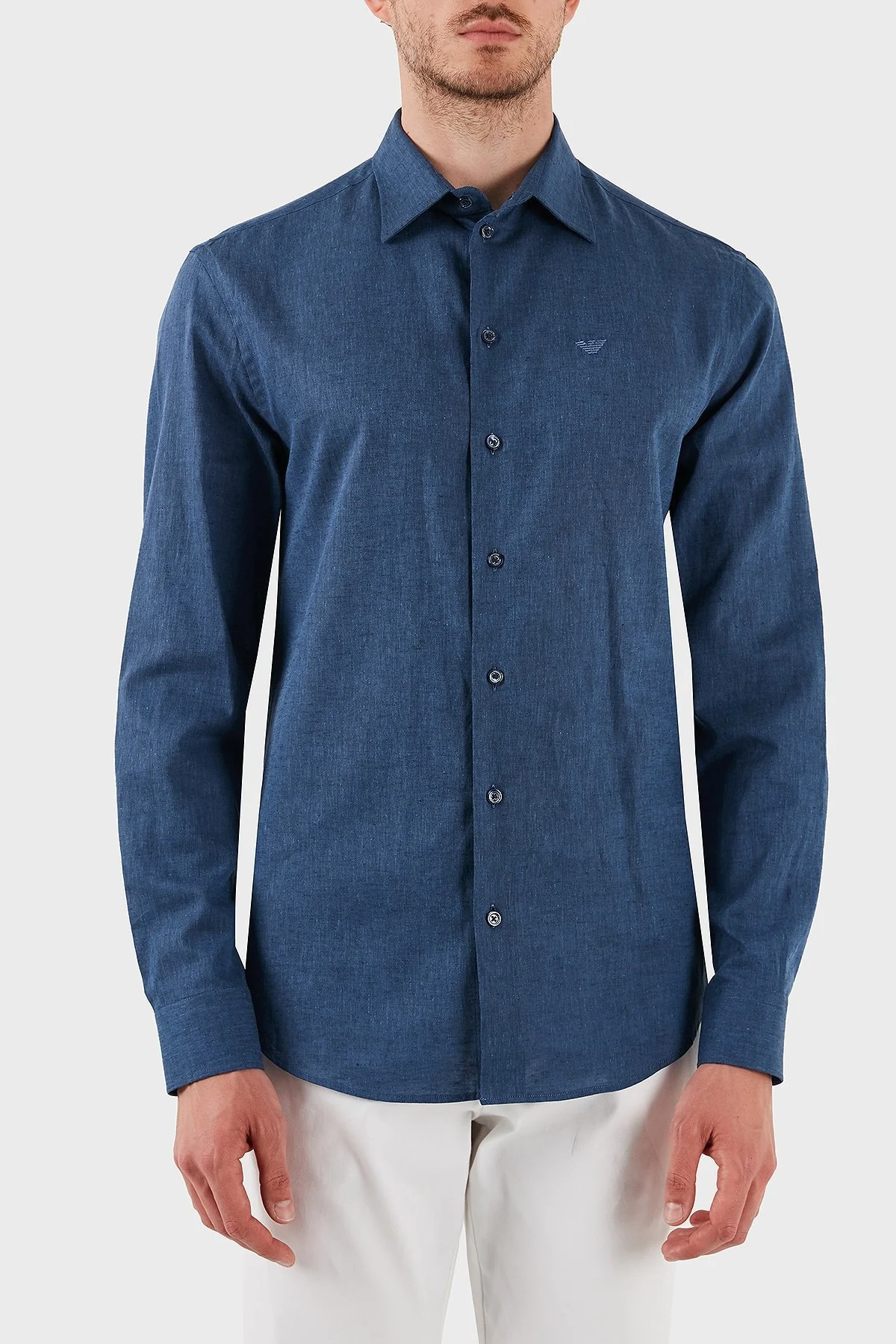 Emporio Armani Keten Karışımlı Regular Fit Klasik Yaka Erkek Gömlek EM000099 TE14112 OB006 LACİVERT - 1
