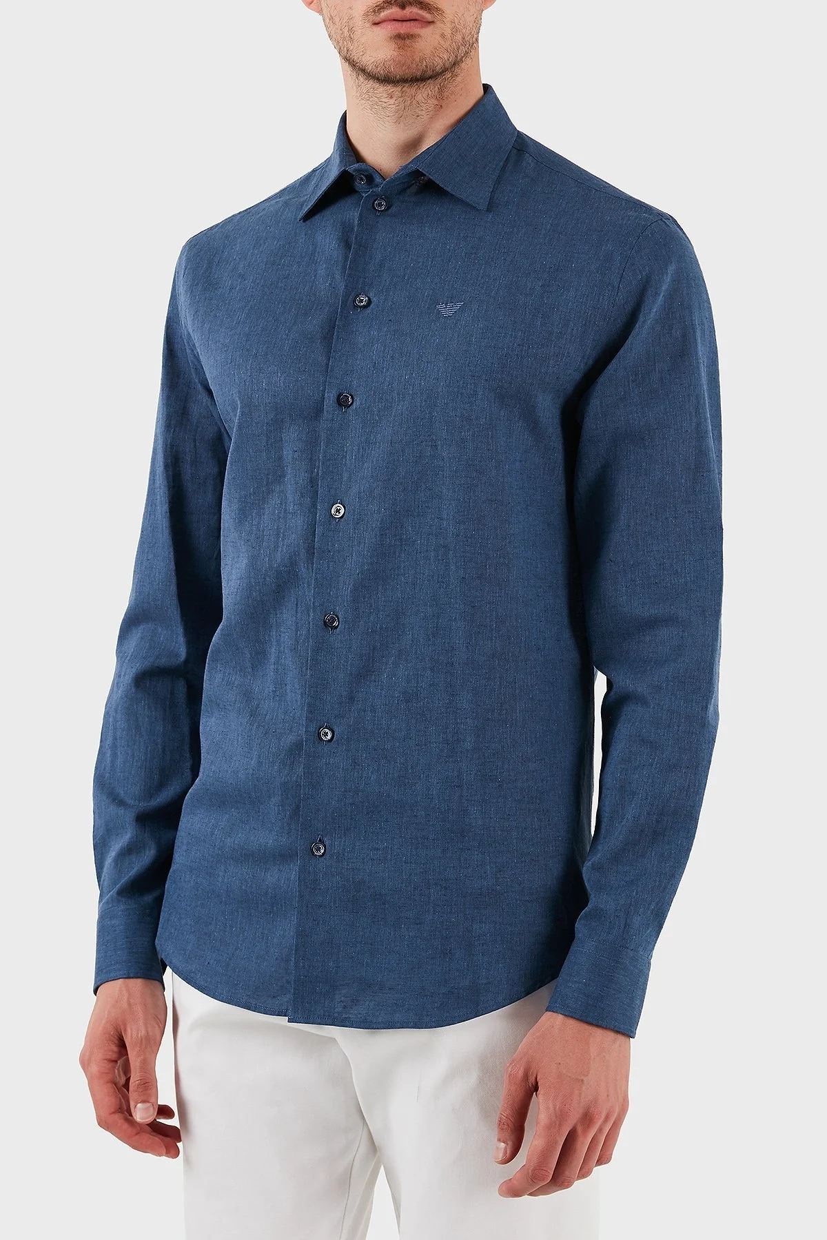 Emporio Armani Keten Karışımlı Regular Fit Klasik Yaka Erkek Gömlek EM000099 TE14112 OB006 LACİVERT - 4