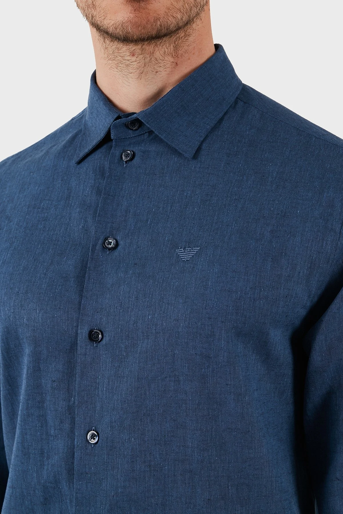 Emporio Armani Keten Karışımlı Regular Fit Klasik Yaka Erkek Gömlek EM000099 TE14112 OB006 LACİVERT - 5