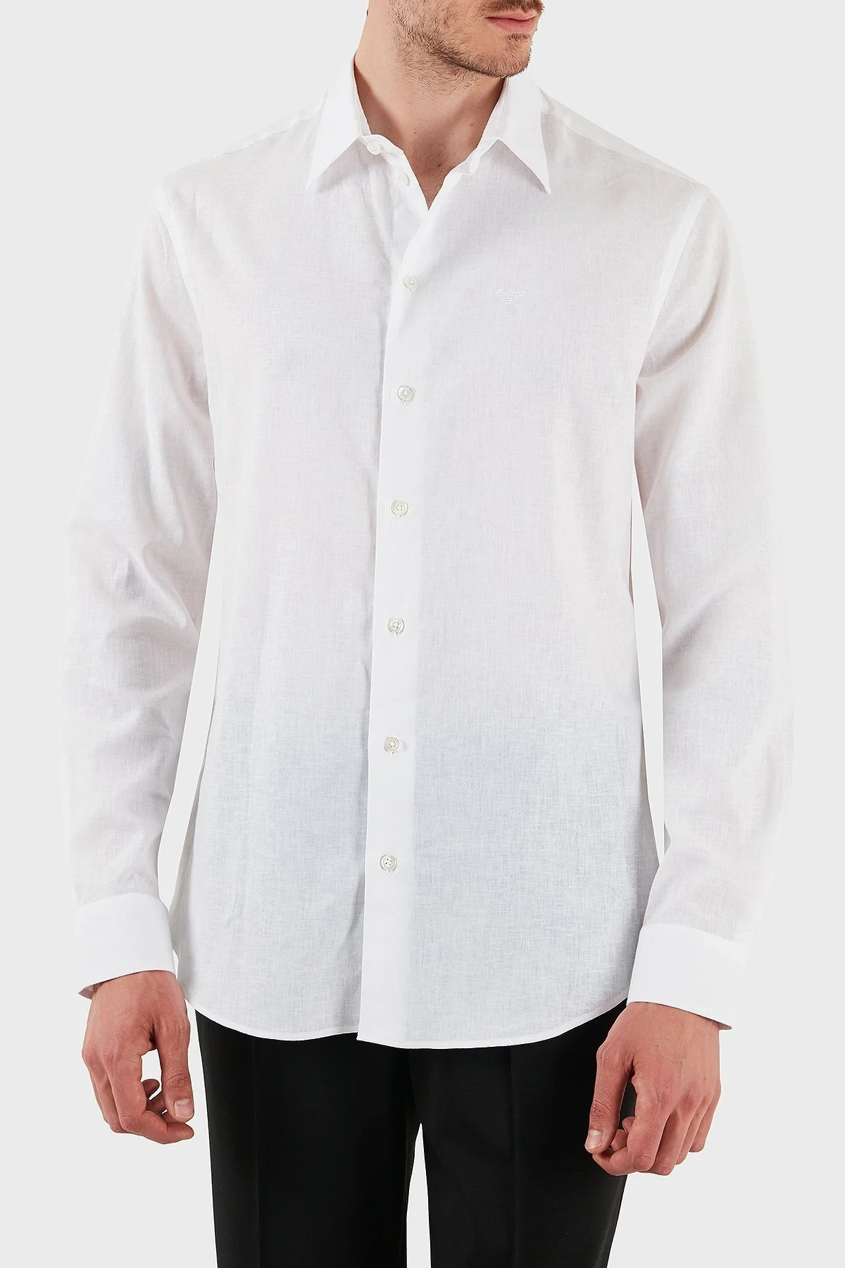 Emporio Armani Keten Karışımlı Regular Fit Klasik Yaka Erkek Gömlek EM000099 TE14112 U0002 BEYAZ - 1