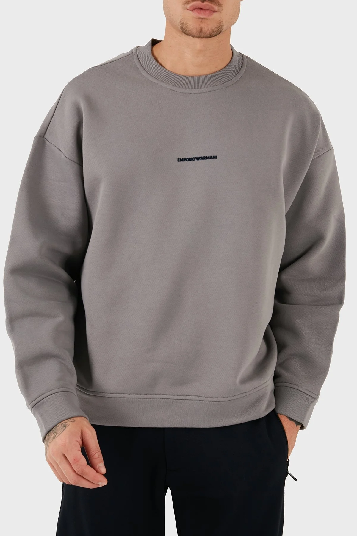 Emporio Armani Logo Baskılı % 100 Pamuk Regular Fit Bisiklet Yaka Erkek Sweat 6D1M95 1JTAZ 06K3 GRİ - 1