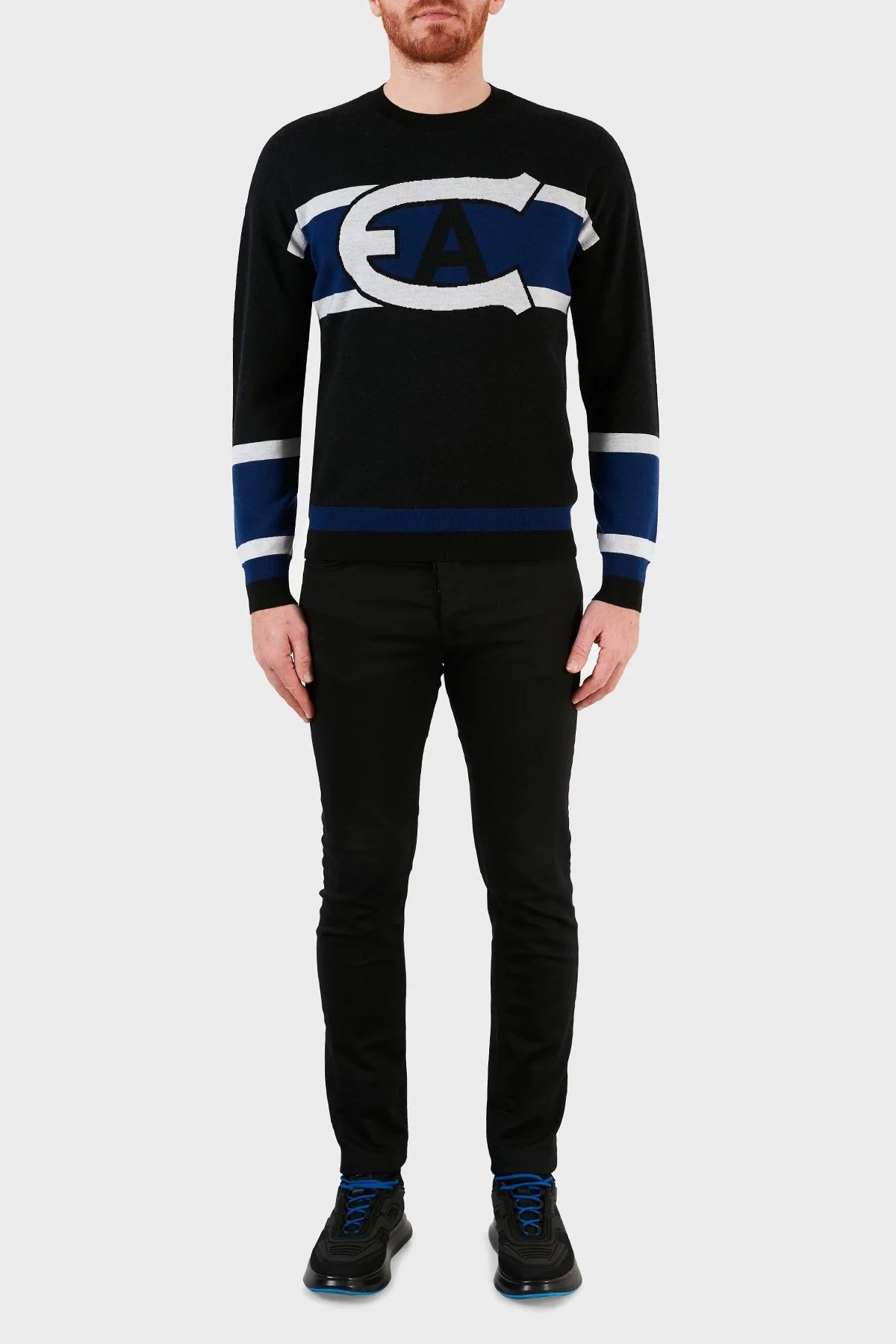 Emporio Armani Logo Baskılı % 100 Yün Bisiklet Yaka Erkek Kazak 6K1MXA 1MSRZ 0999 SİYAH - 5