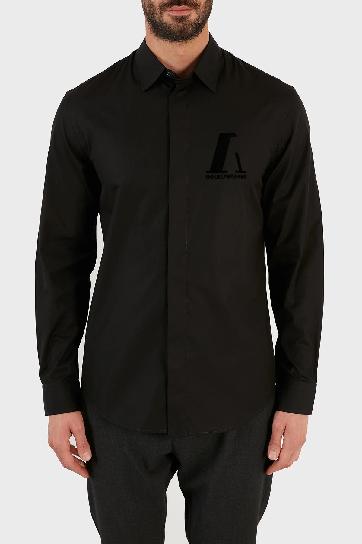 Emporio Armani Logo Baskılı Düz Yaka % 100 Pamuk Erkek Gömlek B1SM0B B12F7 999 SİYAH - 1