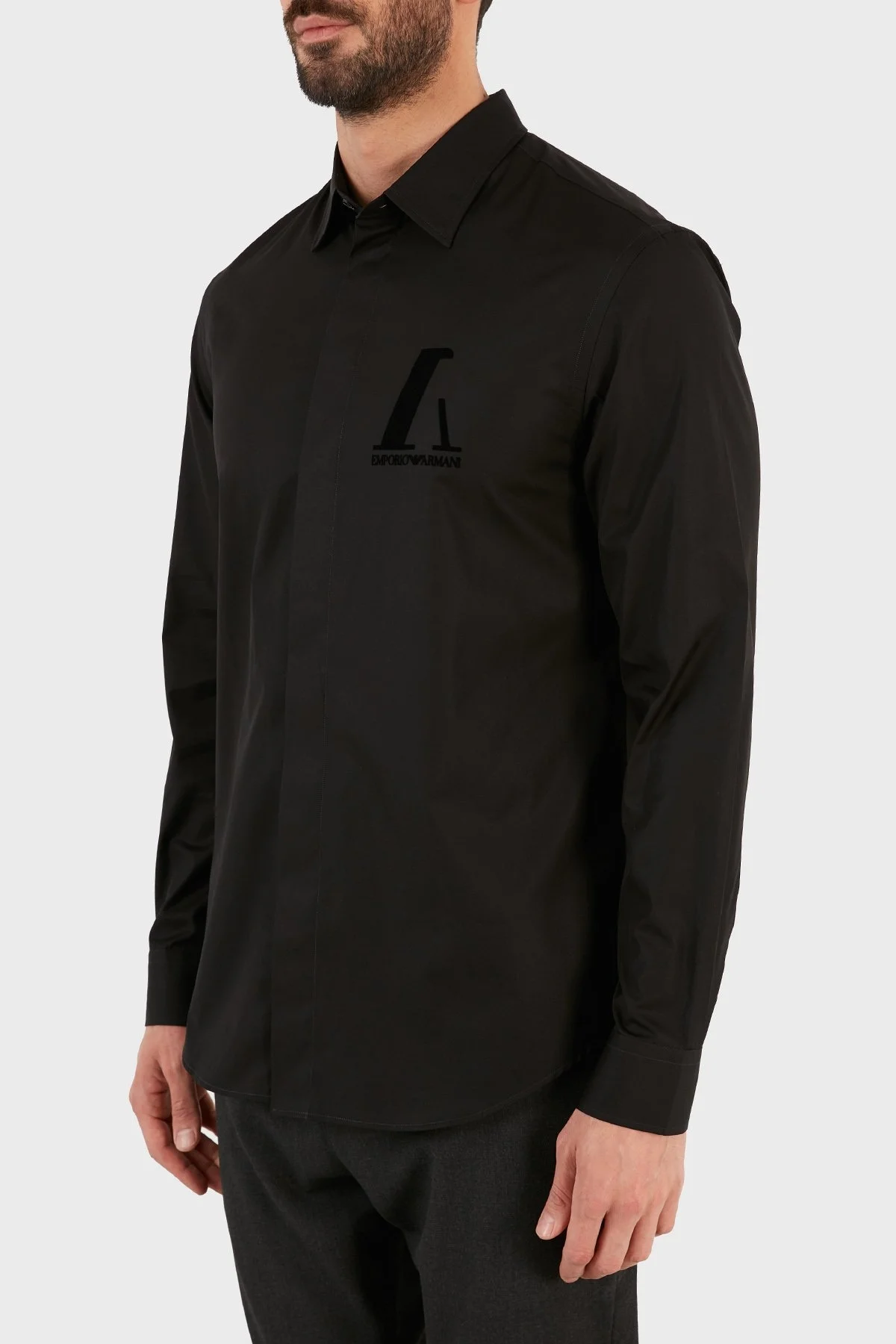 Emporio Armani Logo Baskılı Düz Yaka % 100 Pamuk Erkek Gömlek B1SM0B B12F7 999 SİYAH - 3