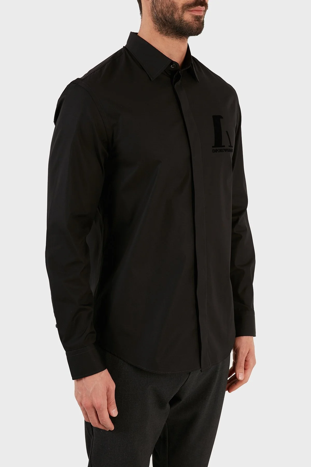 Emporio Armani Logo Baskılı Düz Yaka % 100 Pamuk Erkek Gömlek B1SM0B B12F7 999 SİYAH - 4
