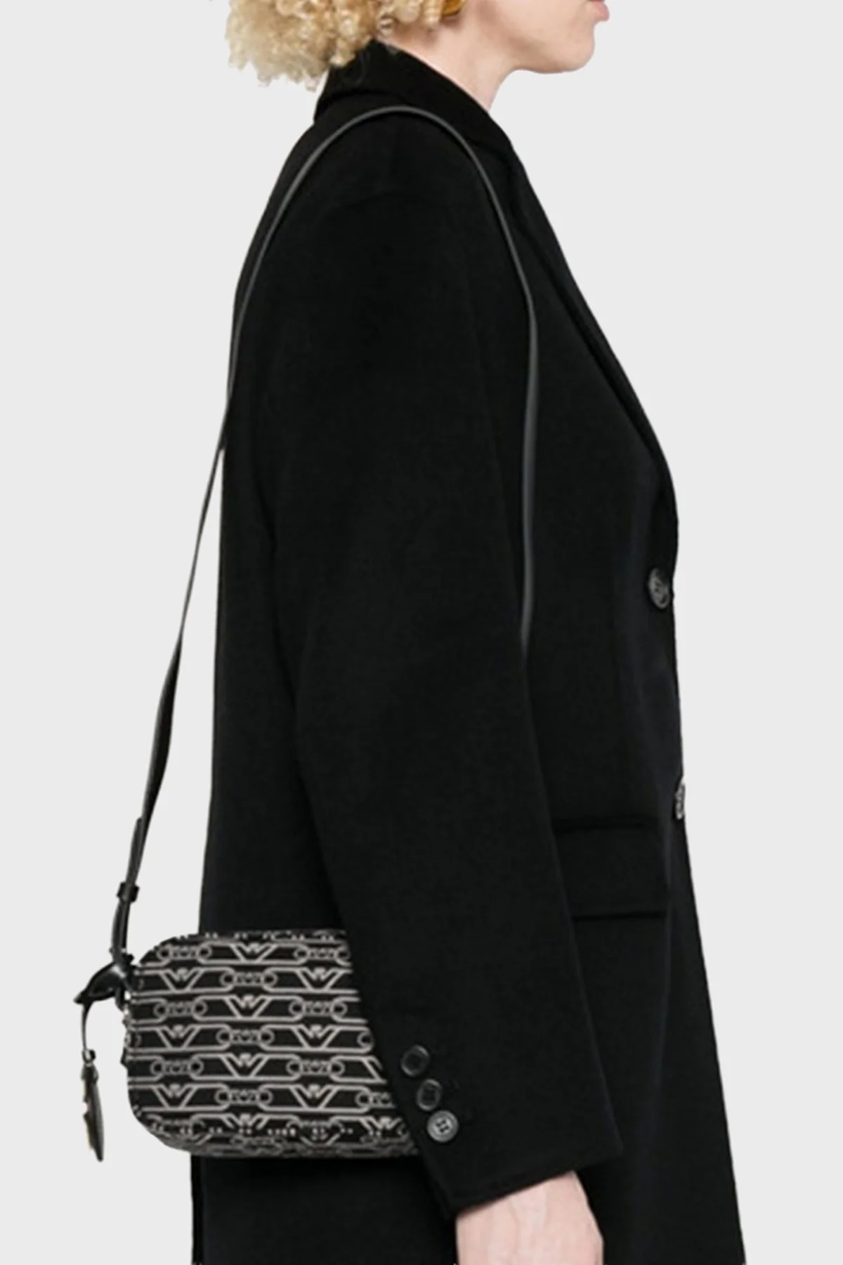 Emporio Armani Logo Baskılı Pamuklu Ayarlanabilir Askılı Bayan Çanta EW001891 AF19711 FC145 SİYAH-GRİ - 2