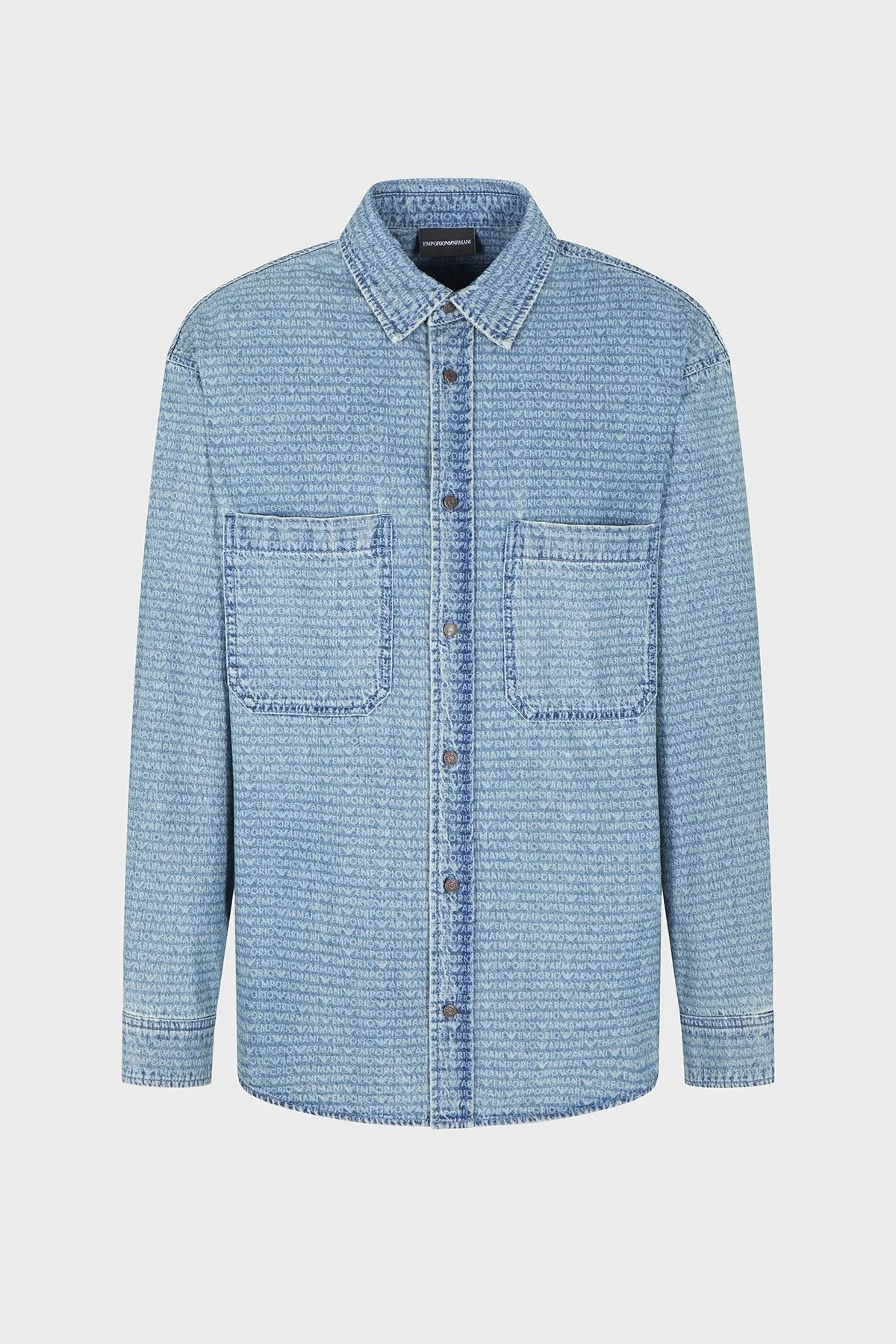 Emporio Armani Logo Baskılı Pamuklu Comfort Fit Klasik Yaka Cepli Kot Erkek Gömlek EM003694 AF19756 MB001 MAVİ - 5