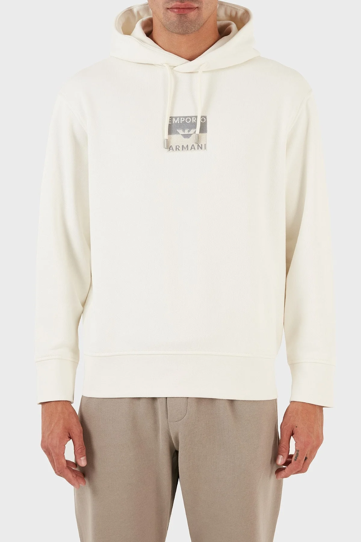 Emporio Armani Logo İşlemeli Kapüşonlu % 100 Pamuk Regular Fit Erkek Sweat 6R1MCN 1JWPZ 0128 EKRU - 1