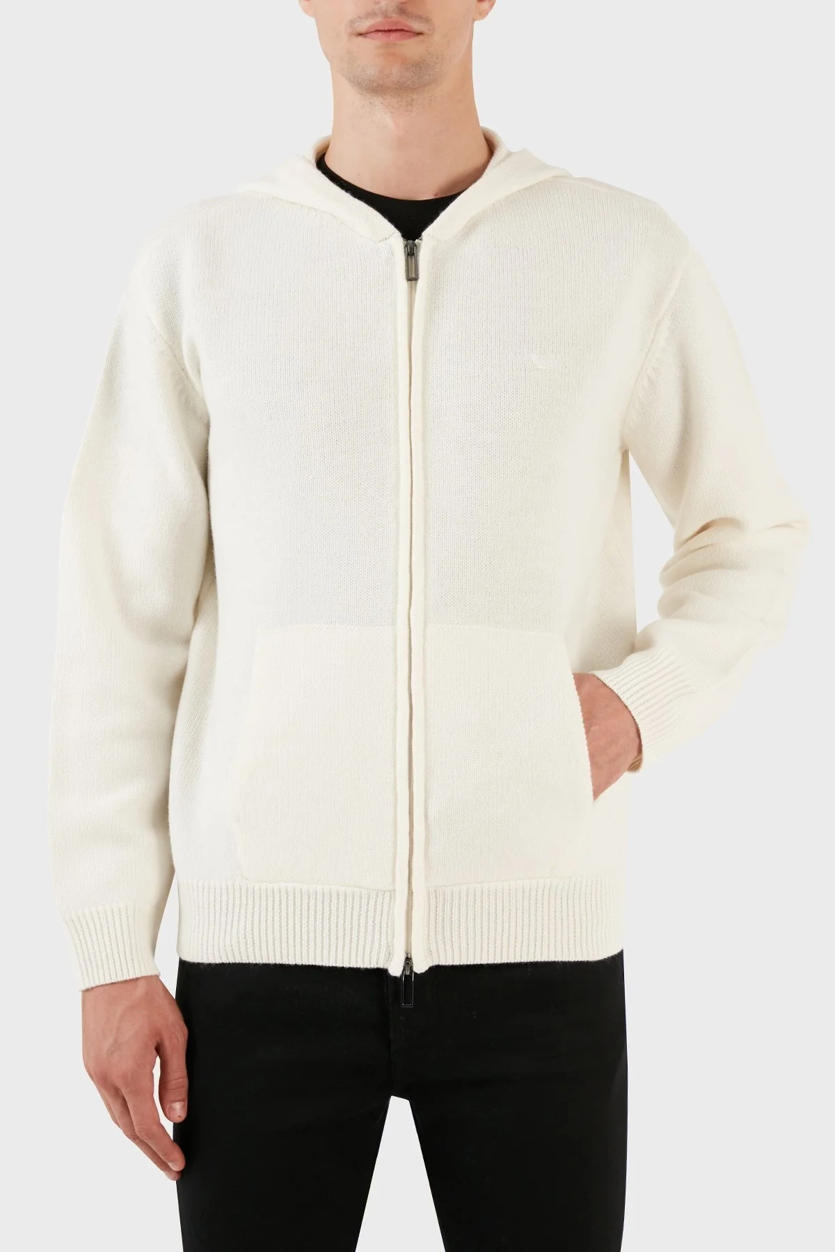 Emporio Armani Logo İşlemeli Kapüşonlu Fermuarlı % 100 Yün Erkek Hırka 6R1MX6 1MNAZ 0128 EKRU - 1