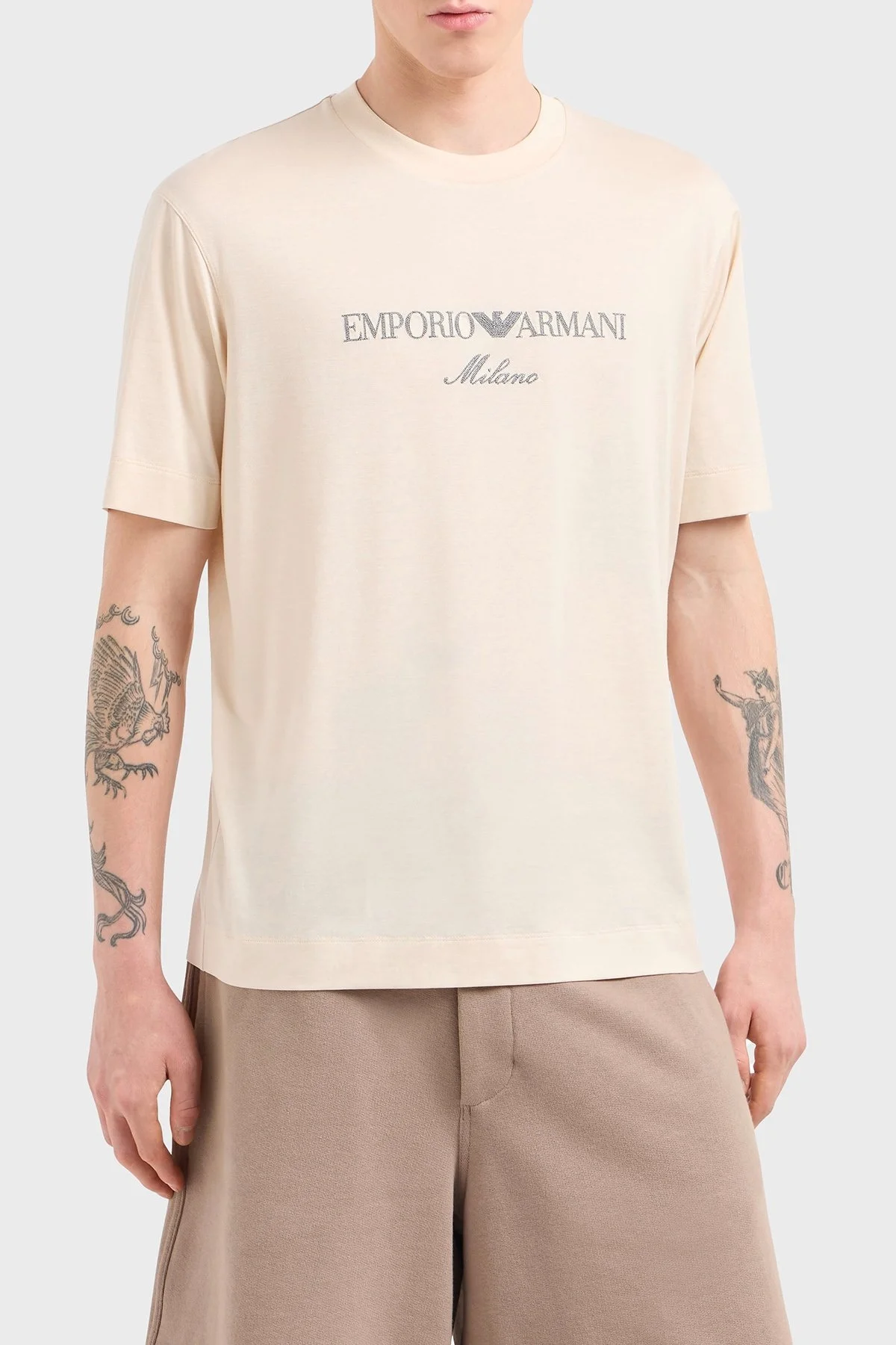 Emporio Armani Logo İşlemeli Regular Fit Pamuklu Bisiklet Yaka Erkek T Shirt EM001033 AF10017 M1052 EKRU - 1