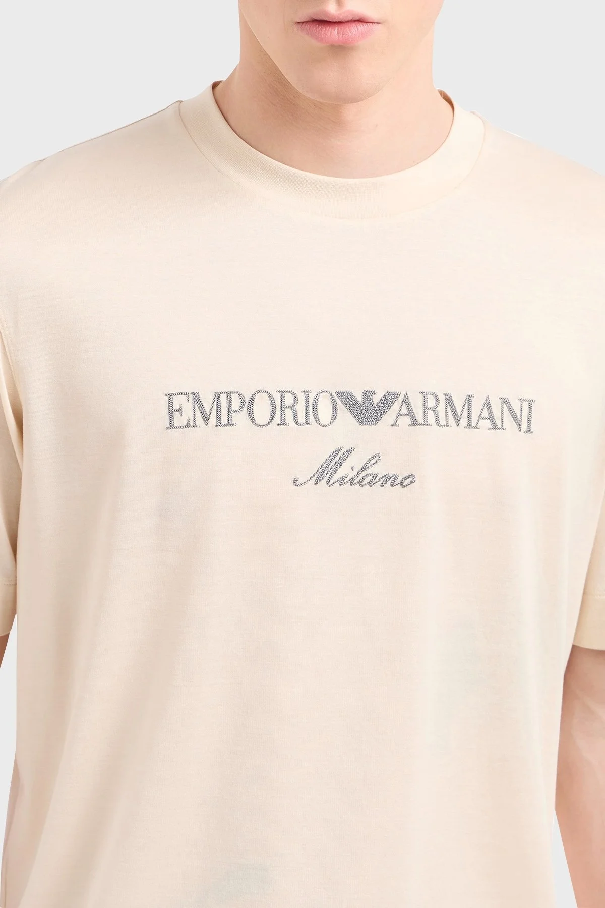 Emporio Armani Logo İşlemeli Regular Fit Pamuklu Bisiklet Yaka Erkek T Shirt EM001033 AF10017 M1052 EKRU - 4
