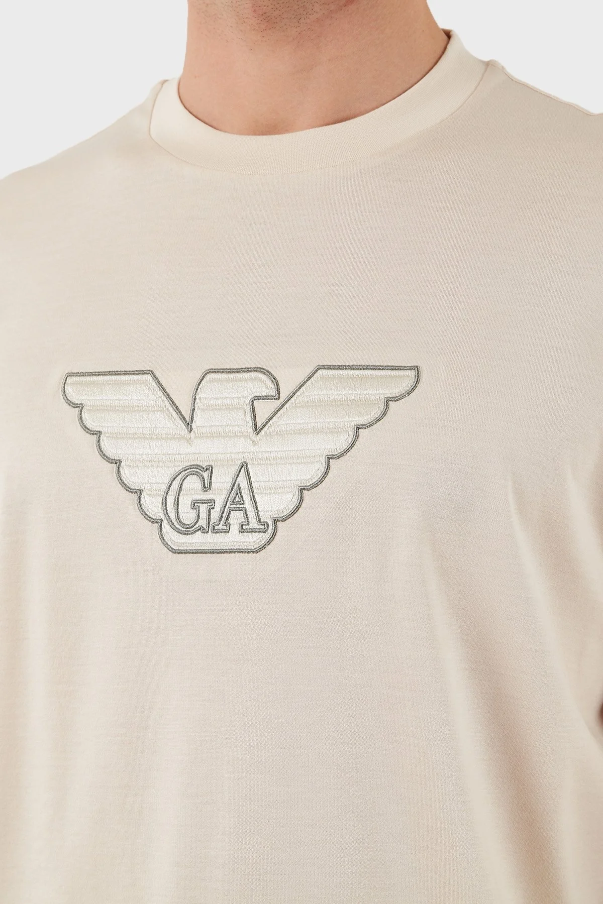 Emporio Armani Logo İşlemeli Regular Fit Pamuklu Bisiklet Yaka Erkek T Shirt EM001033 AF10017 M1089 EKRU - 5