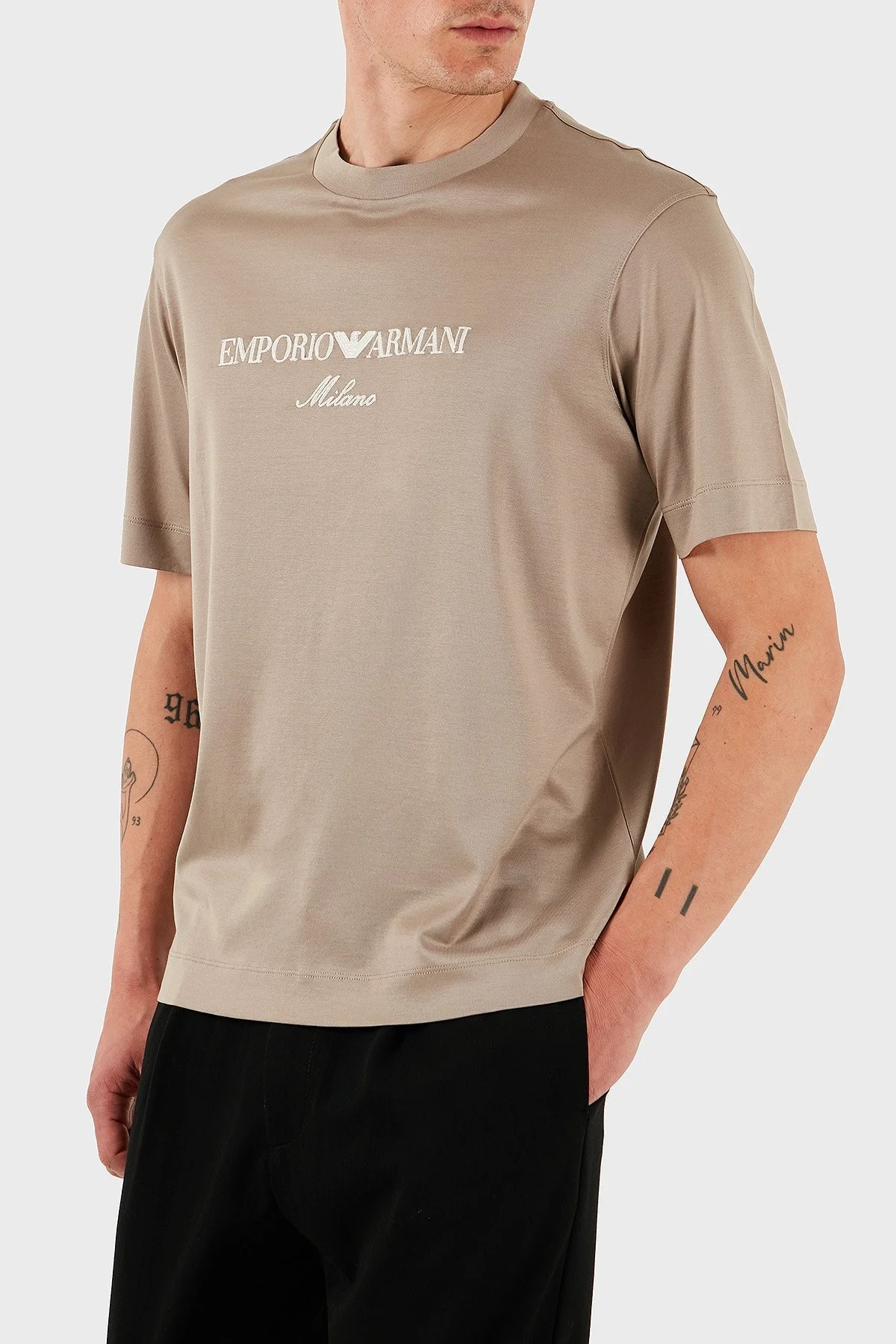 Emporio Armani Logo İşlemeli Regular Fit Pamuklu Bisiklet Yaka Erkek T Shirt EM001033 AF10017 M6085 BEJ - 2