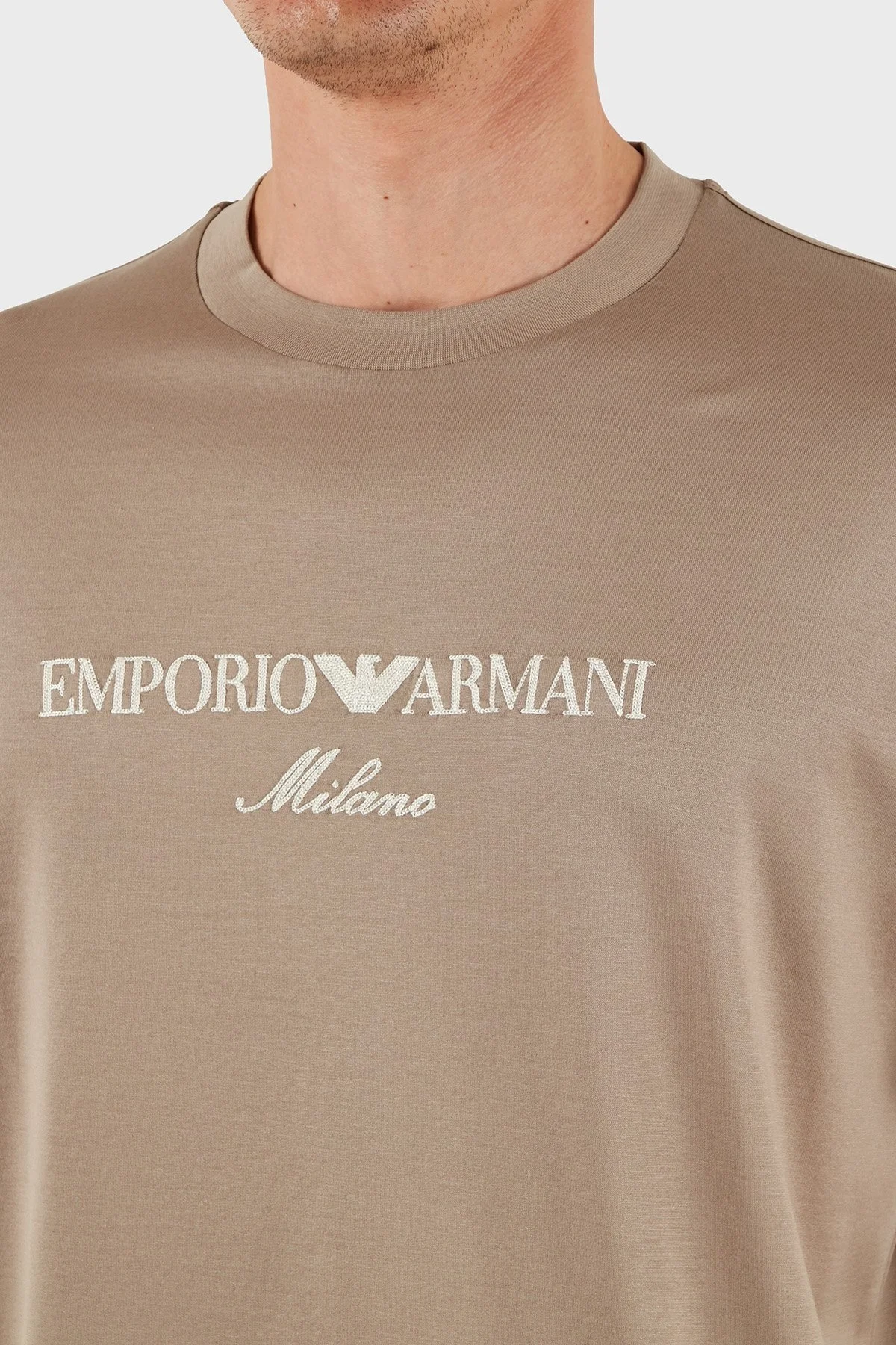 Emporio Armani Logo İşlemeli Regular Fit Pamuklu Bisiklet Yaka Erkek T Shirt EM001033 AF10017 M6085 BEJ - 5